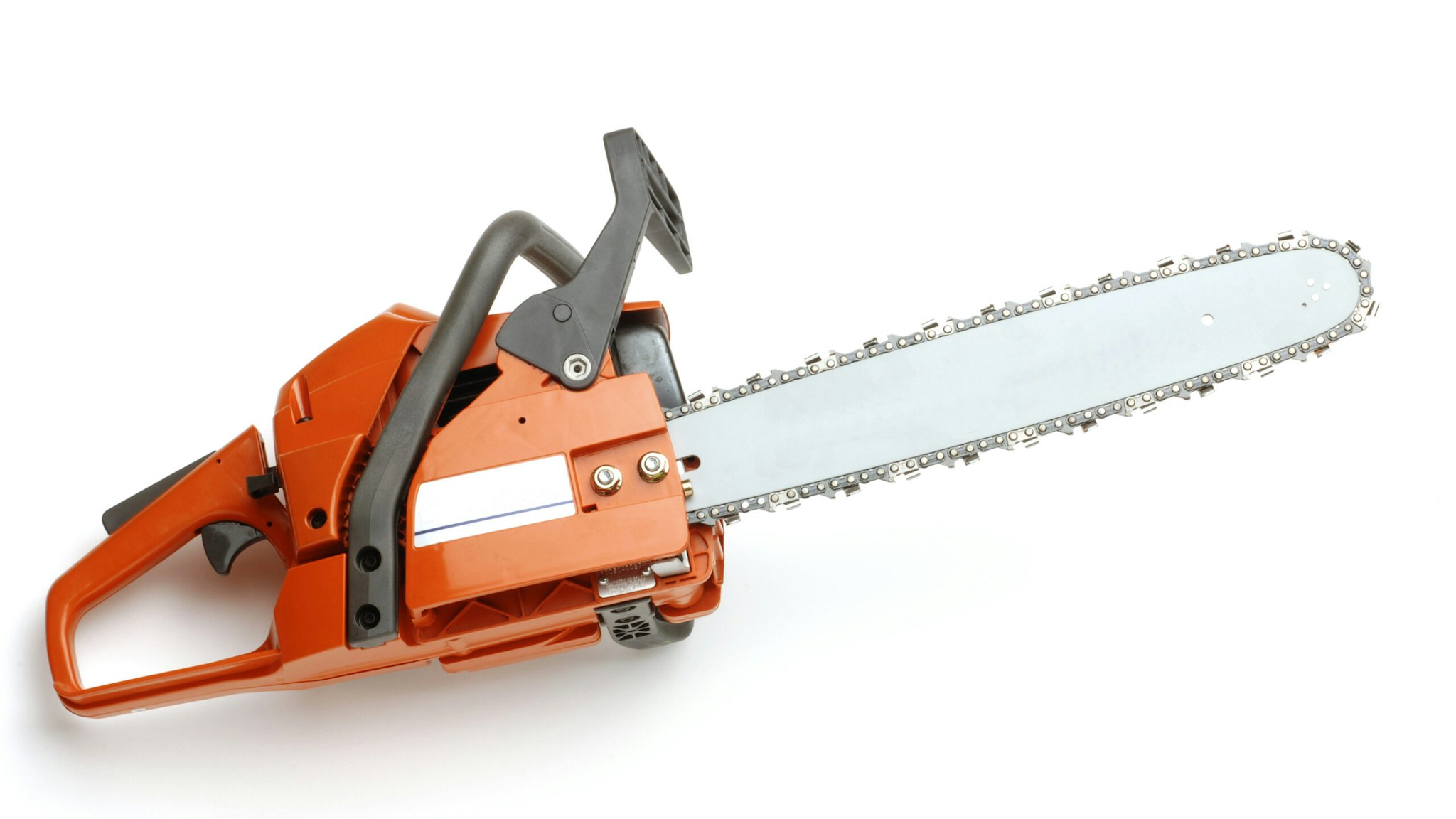 Close-Up Of Chainsaw Over White Background - stock photo