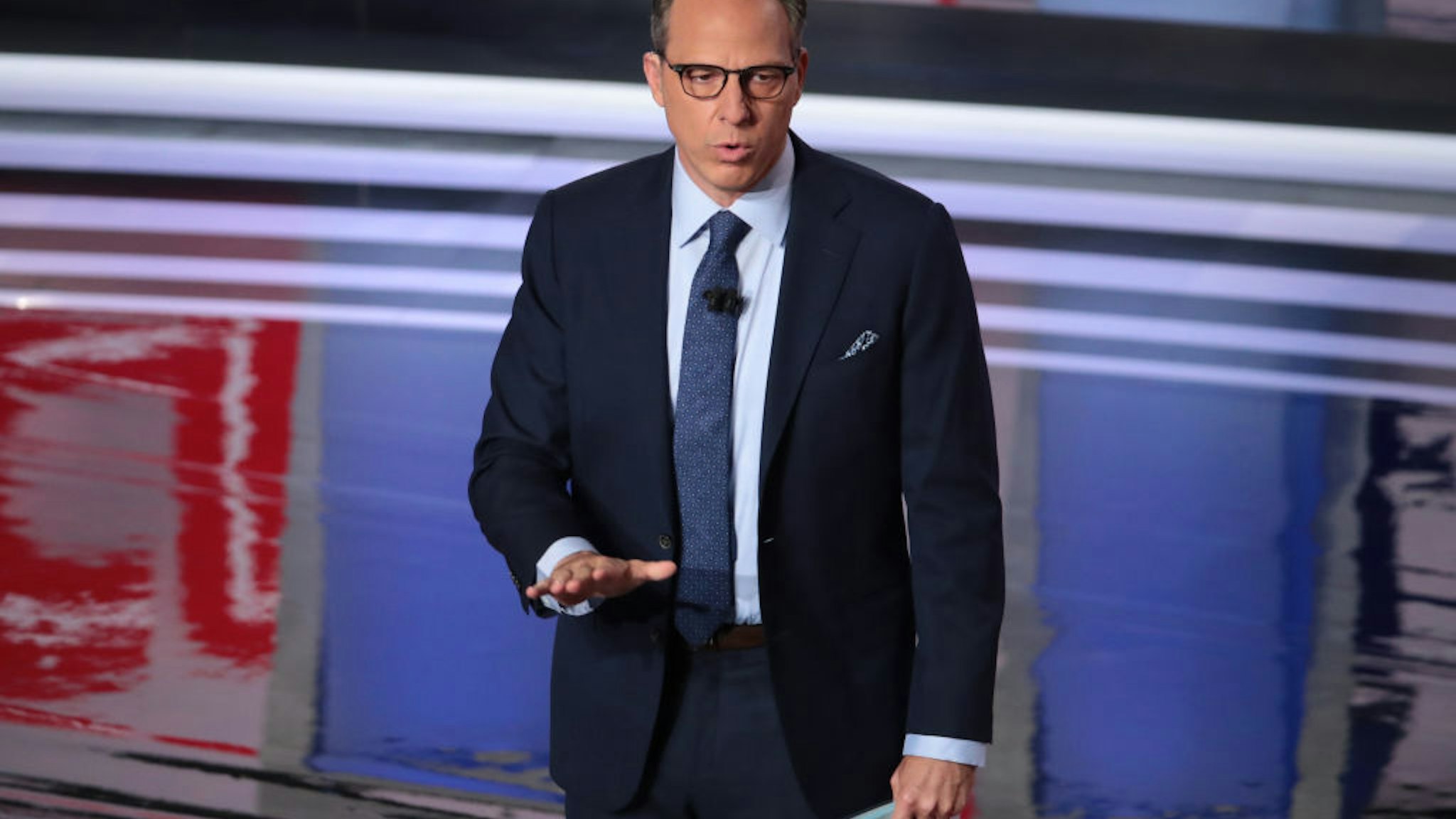 DETROIT, MICHIGAN - JULY 31: CNN moderator Jake Tapper speaks to the crowd attending the Democratic Presidential Debate at the Fox Theatre July 31, 2019 in Detroit, Michigan. 20 Democratic presidential candidates were split into two groups of 10 to take part in the debate sponsored by CNN held over two nights at Detroit’s Fox Theatre. (Photo by Scott Olson/Getty Images)