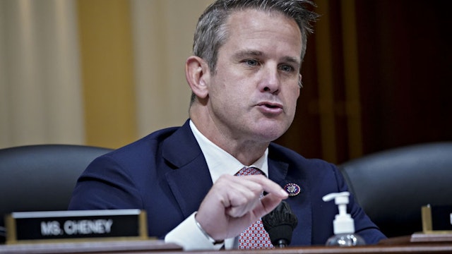 Representative Adam Kinzinger, a Republican from Illinois, speaks during a hearing of the Select Committee to Investigate the January 6th Attack on the US Capitol in Washington, DC, US, on Thursday, Oct. 13, 2022. The committee investigating last year's attack on the US Capitol makes what might be its final return to live television today to discuss new evidence, underscore main findings and air unused video footage and testimony. Photographer: Al Drago/Bloomberg via Getty Images