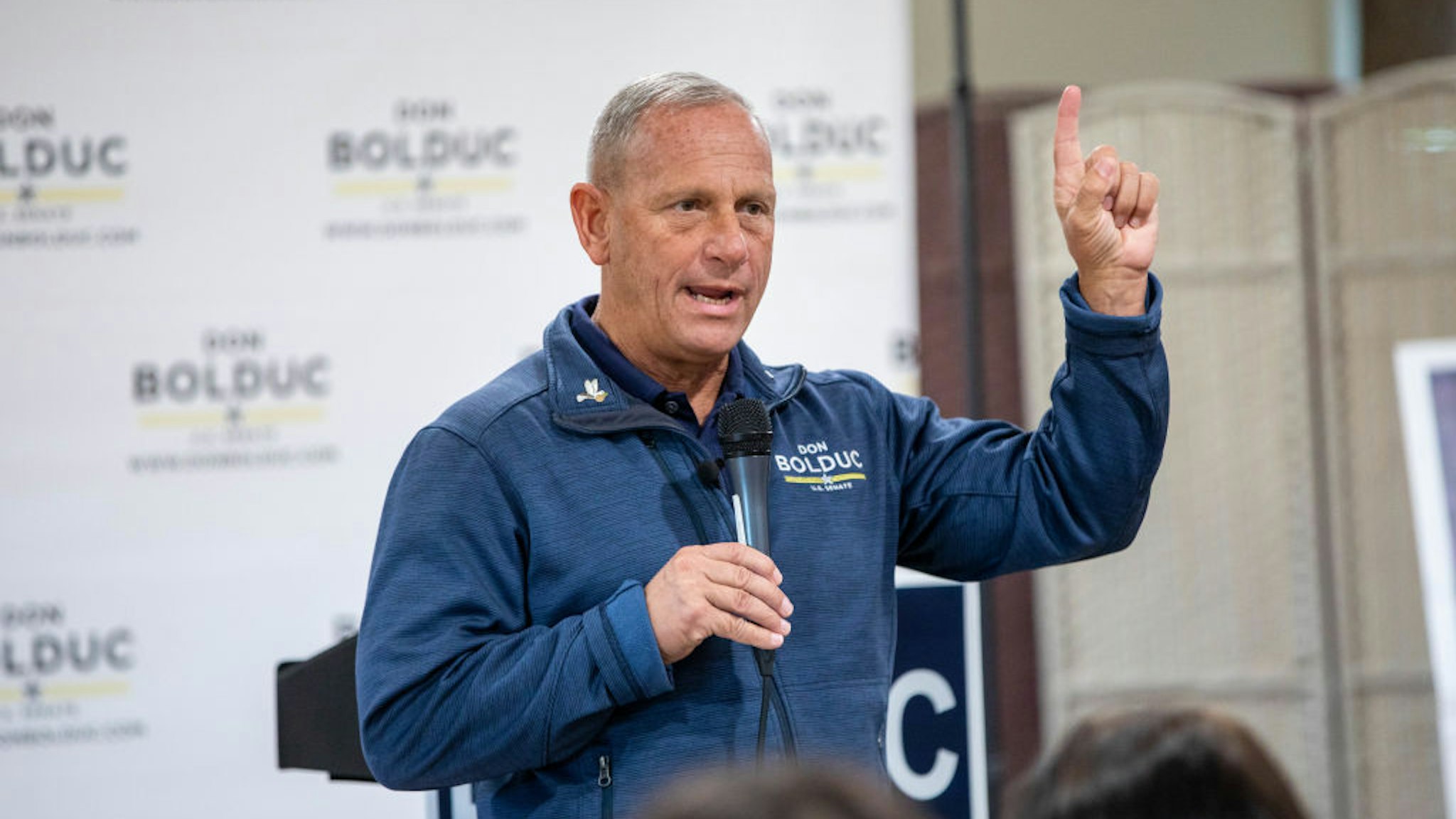 DERRY, NH - OCTOBER 15: Republican senate nominee Don Bolduc speaks during a campaign event on October 15, 2022 in Derry, New Hampshire. Bolduc, and Army General who won the GOP primary will take on Sen. Maggie Hassan (D) in November. (Photo by Scott Eisen/Getty Images)