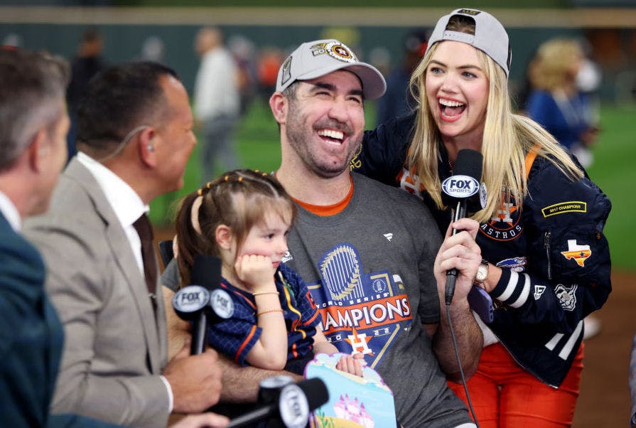 Justin Verlander #35 of the Houston Astros and Kate Upton are seen on the Fox set after the Astros defeated the Philadelphia Phillies in Game 6 of the 2022 World Series at Minute Maid Park on Saturday, November 5, 2022 in Houston, Texas.