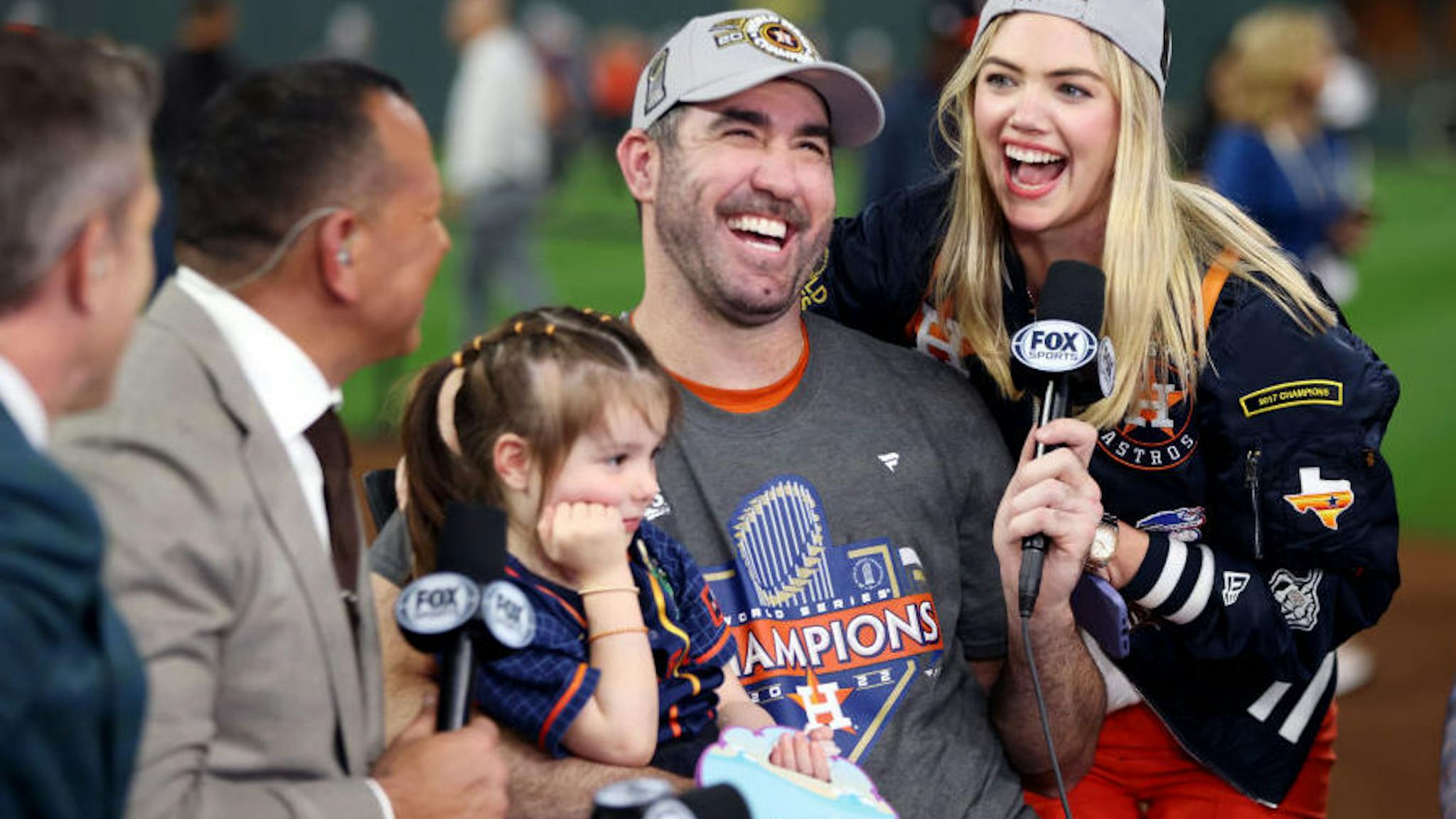 2022 World Series Game 6: Philadelphia Phillies v. Houston Astros Justin Verlander #35 of the Houston Astros and Kate Upton are seen on the Fox set after the Astros defeated the Philadelphia Phillies in Game 6 of the 2022 World Series at Minute Maid Park on Saturday, November 5, 2022 in Houston, Texas.