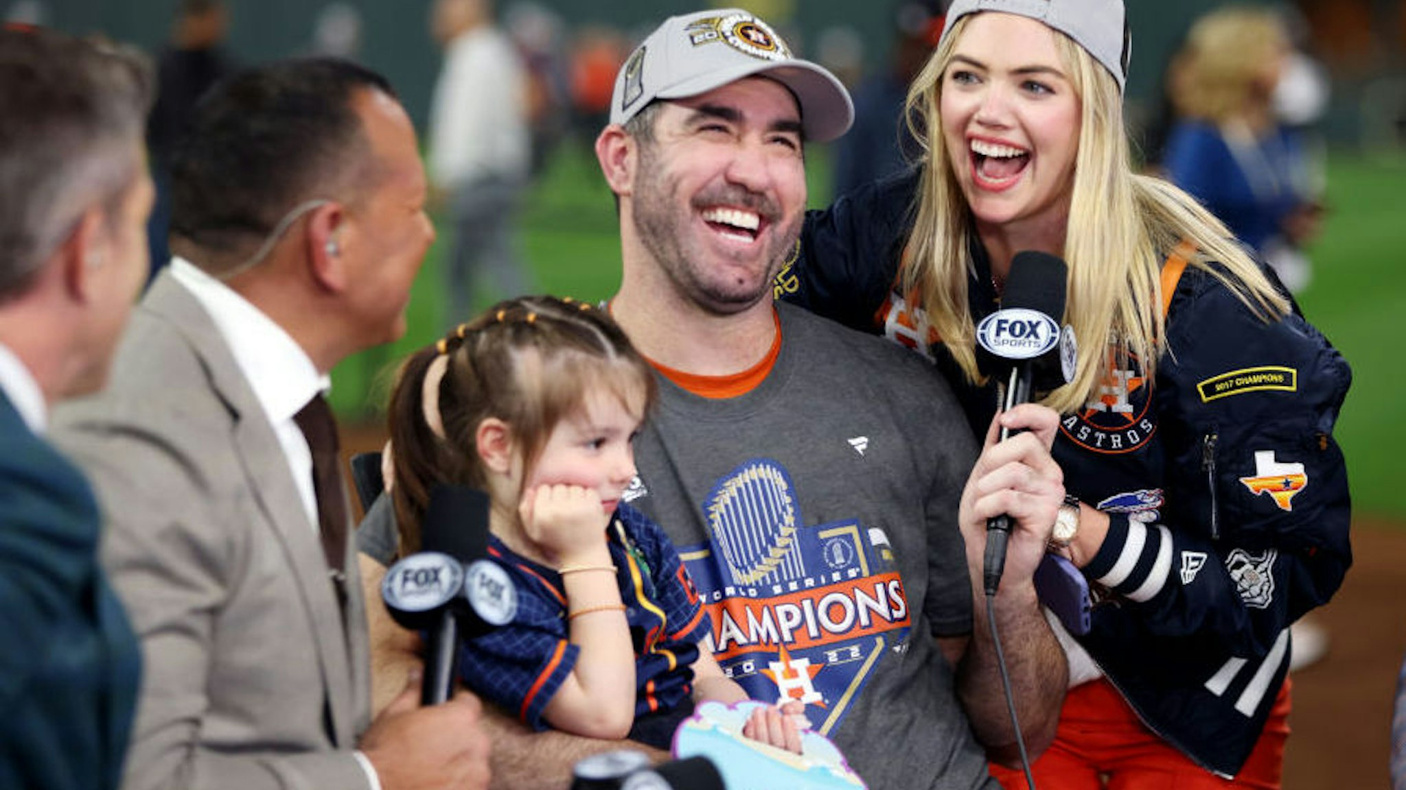 Justin Verlander #35 of the Houston Astros and Kate Upton are seen on the Fox set after the Astros defeated the Philadelphia Phillies in Game 6 of the 2022 World Series at Minute Maid Park on Saturday, November 5, 2022 in Houston, Texas.