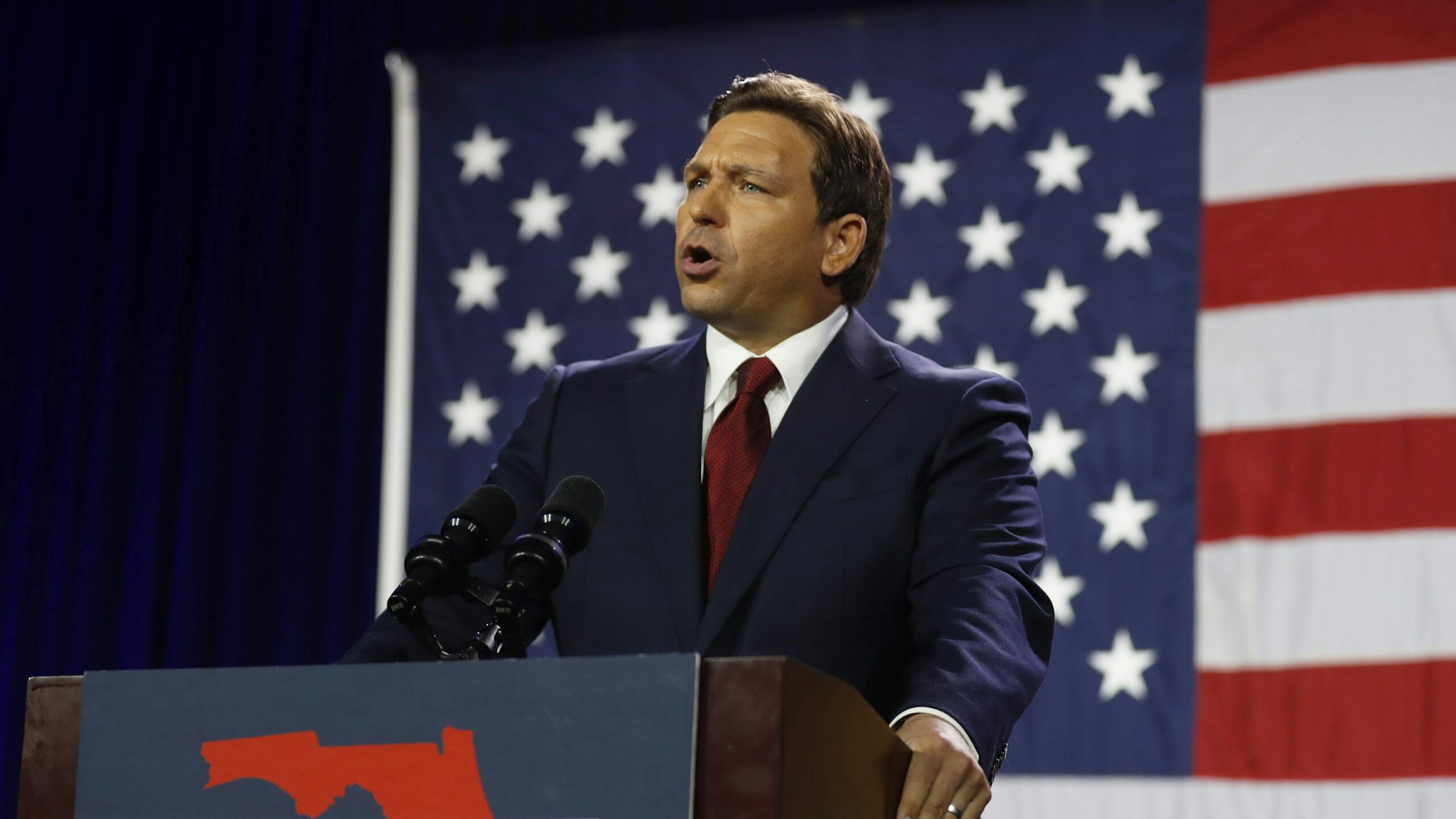 Florida Gov. Ron DeSantis gives a victory speech after defeating Democratic gubernatorial candidate Rep. Charlie Crist during his election night watch party at the Tampa Convention Center on November 8, 2022 in Tampa, Florida. DeSantis was the projected winner by a double-digit lead.
