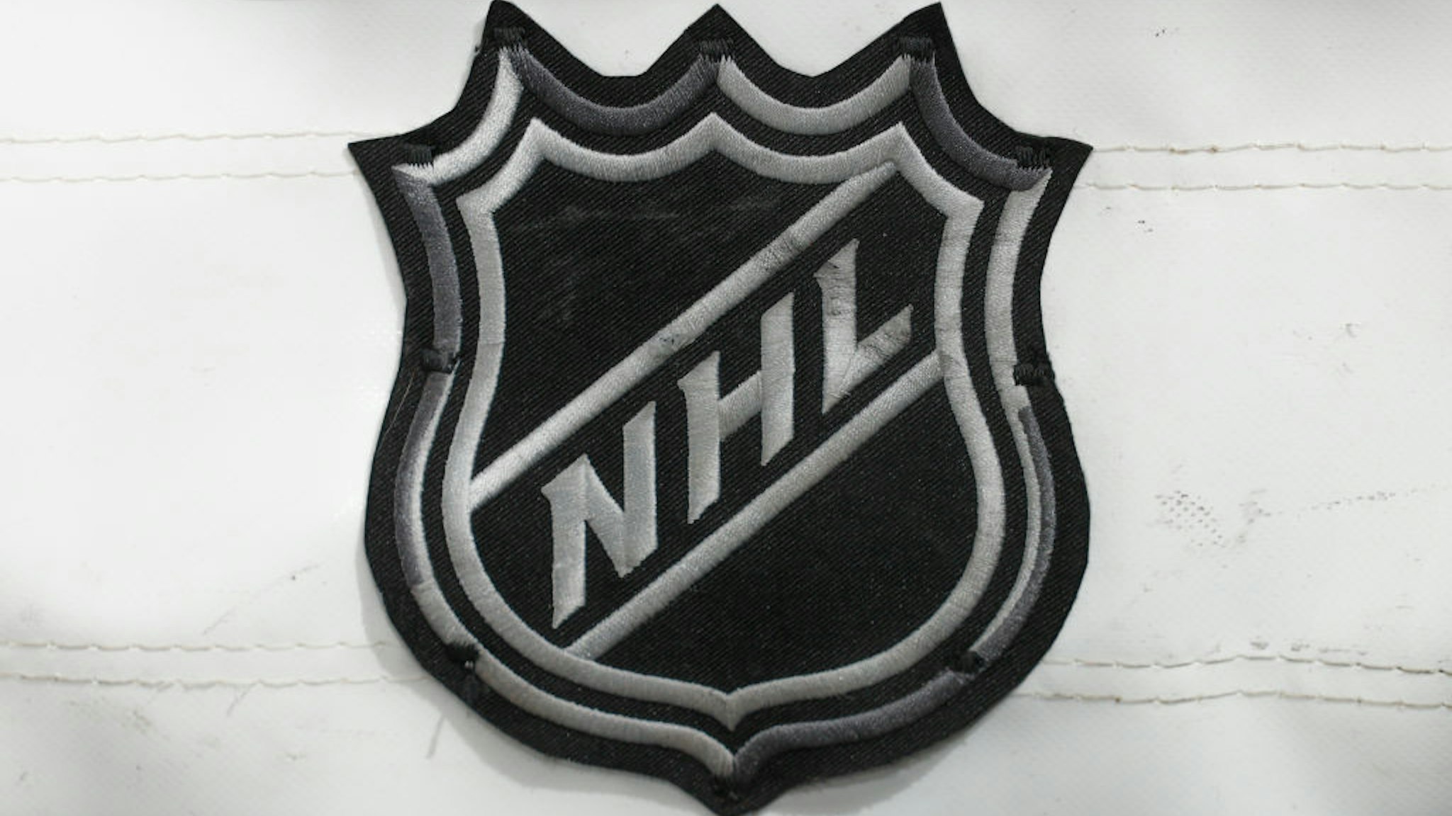 NEWARK, NJ - APRIL 29: A general view of the National Hockey League logo on the back of the goal on April 29, 2022 at the Prudential Center in Newark, New Jersey. (Photo by Rich Graessle/Getty Images)