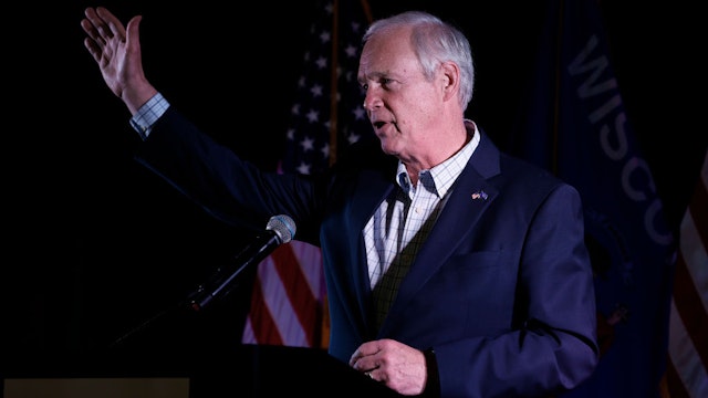 NEENAH, WISCONSIN - NOVEMBER 08: Sen. Ron Johnson (R-WI) speaks to his supporters during an election night party at the Best Western Premier Bridgewood Resort on November 08, 2022 in Neenah, Wisconsin. Johnson is running for re-election in a tight race against his Democratic challenger Lt. Gov. Mandela Barnes in this very purple Midwestern state, where elections can be won by one or two percentage points.