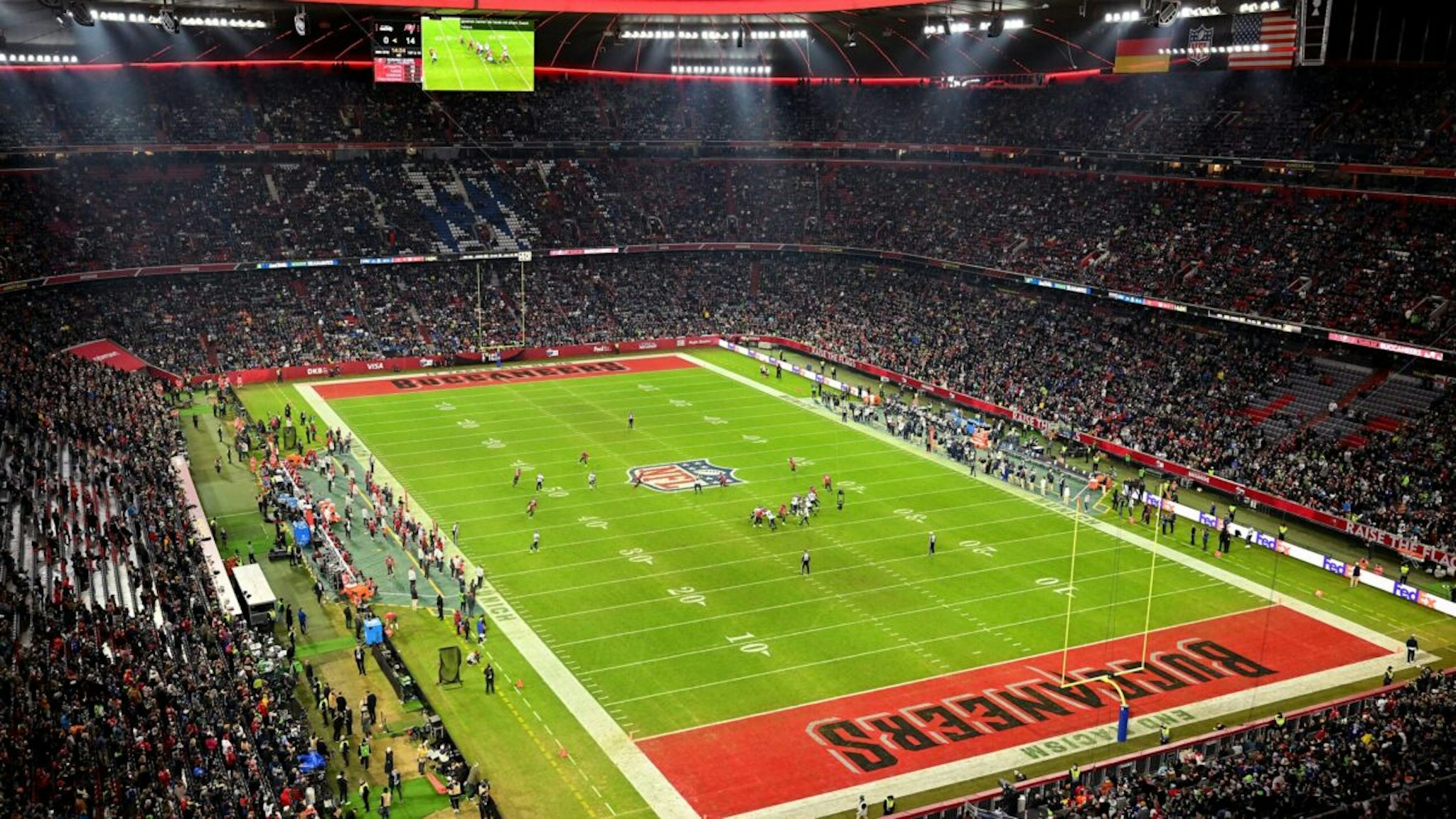 MUNICH, GERMANY - NOVEMBER 13: A general view of the inside of the stadium in the third quarter during the NFL match between Seattle Seahawks and Tampa Bay Buccaneers at Allianz Arena on November 13, 2022 in Munich, Germany.