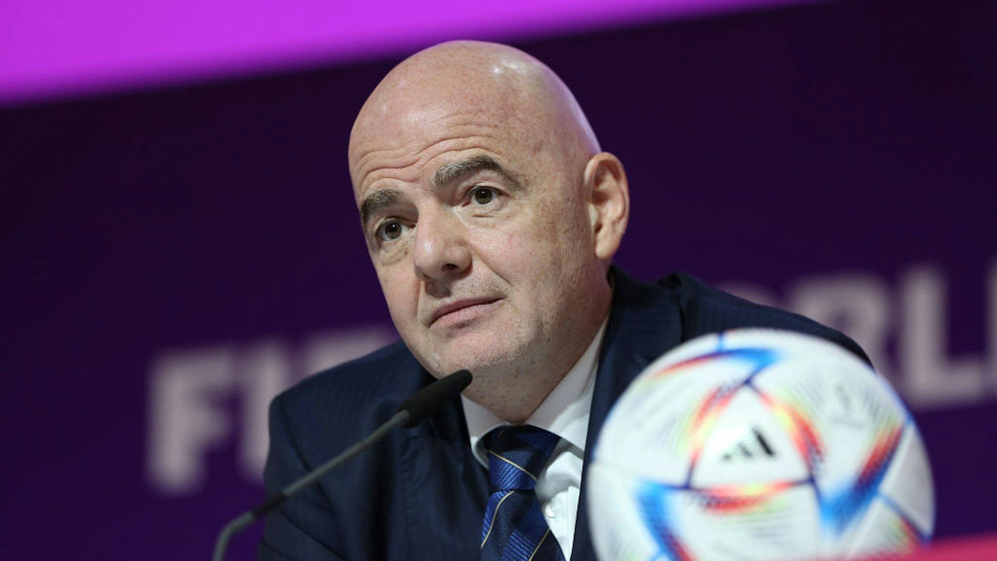 DOHA, QATAR - NOVEMBER 19: FIFA President, Gianni Infantino speaks during a press conference ahead of the FIFA World Cup Qatar 2022 tournament on November 19, 2022 in Doha, Qatar.