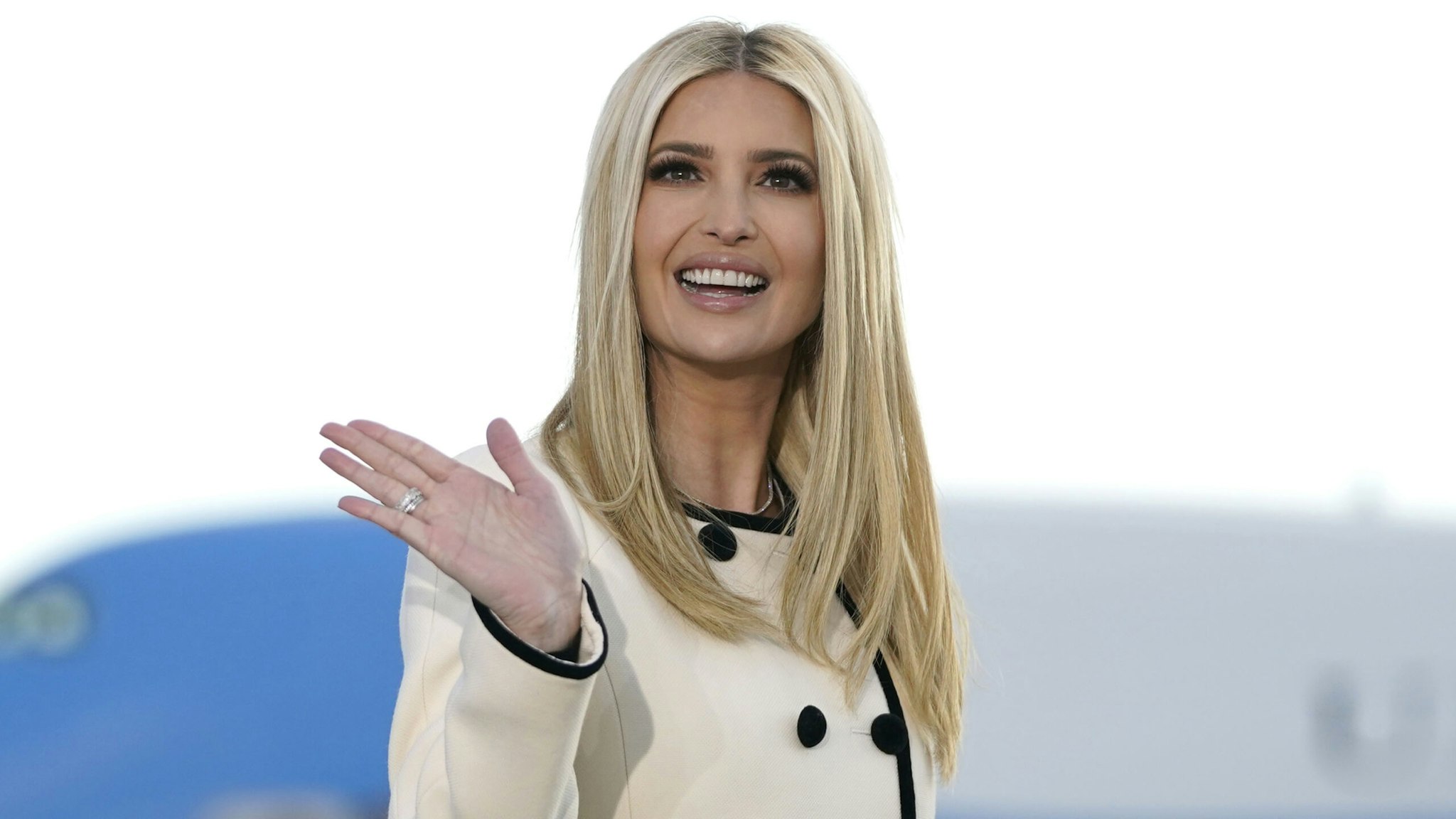 Ivanka Trump waves as she arrives at Joint Base Andrews in Maryland for US President Donald Trump's departure on January 20, 2021. - President Trump travels to his Mar-a-Lago golf club residence in Palm Beach, Florida, and will not attend the inauguration for President-elect Joe Biden.