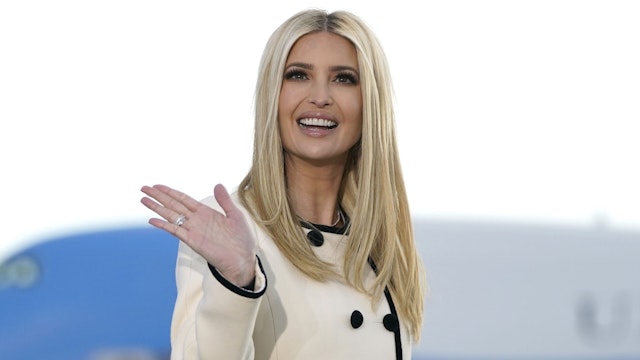 Ivanka Trump waves as she arrives at Joint Base Andrews in Maryland for US President Donald Trump's departure on January 20, 2021. - President Trump travels to his Mar-a-Lago golf club residence in Palm Beach, Florida, and will not attend the inauguration for President-elect Joe Biden.
