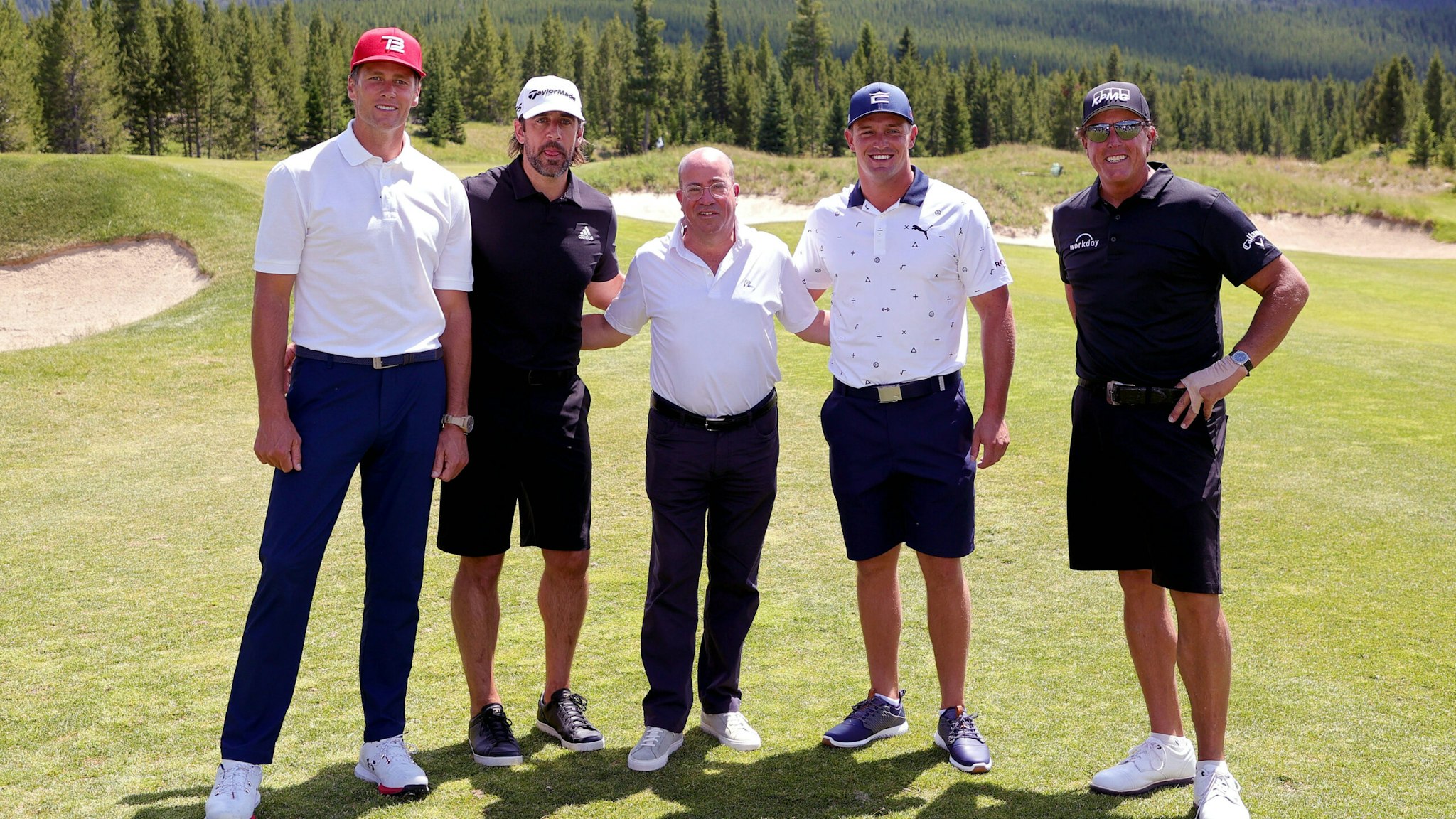 BIG SKY, MONTANA - JULY 06: (L-R) Tom Brady, Aaron Rodgers, CNN president Jeff Zucker, Bryson DeChambeau, and Phil Mickelson pose for photos during Capital One's The Match at The Reserve at Moonlight Basin on July 06, 2021 in Big Sky, Montana.