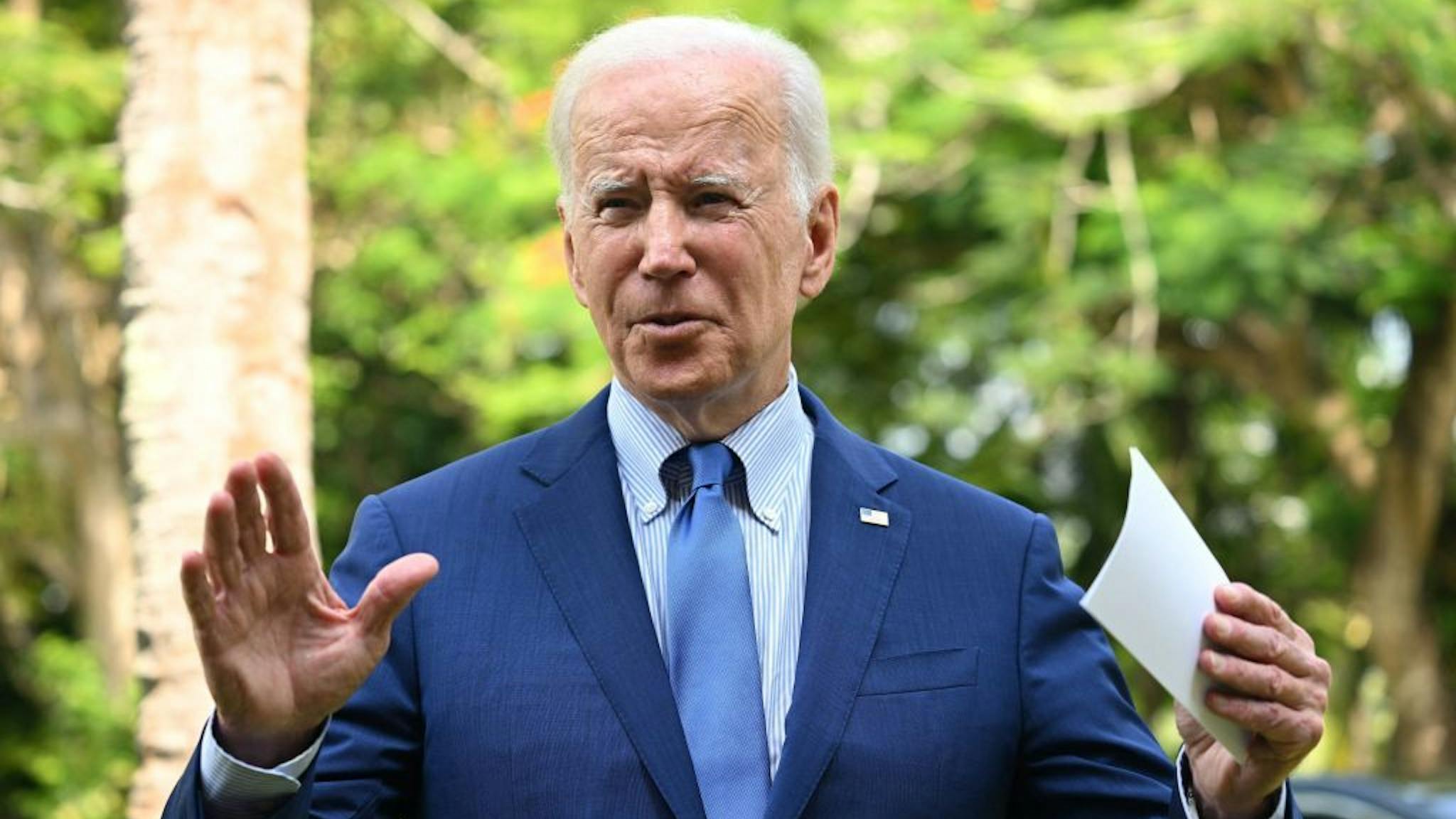 Joe Biden TOPSHOT - US President Joe Biden speaks about the situation in Poland following a meeting with G7 and European leaders on the sidelines of the G20 Summit in Nusa Dua on the Indonesian resort island of Bali on November 16, 2022. (Photo by SAUL LOEB/AFP via Getty Images)
