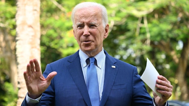 TOPSHOT - US President Joe Biden speaks about the situation in Poland following a meeting with G7 and European leaders on the sidelines of the G20 Summit in Nusa Dua on the Indonesian resort island of Bali on November 16, 2022. (Photo by SAUL LOEB/AFP via Getty Images)