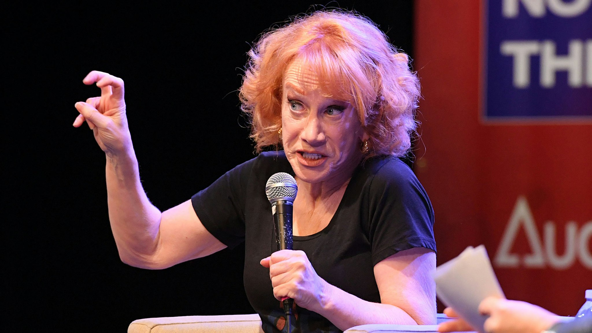 LOS ANGELES, CALIFORNIA - NOVEMBER 01: Comedian Kathy Griffin speaks at "Mea Culpa Live with Michael Cohen" at El Rey Theatre on November 01, 2022 in Los Angeles, California.