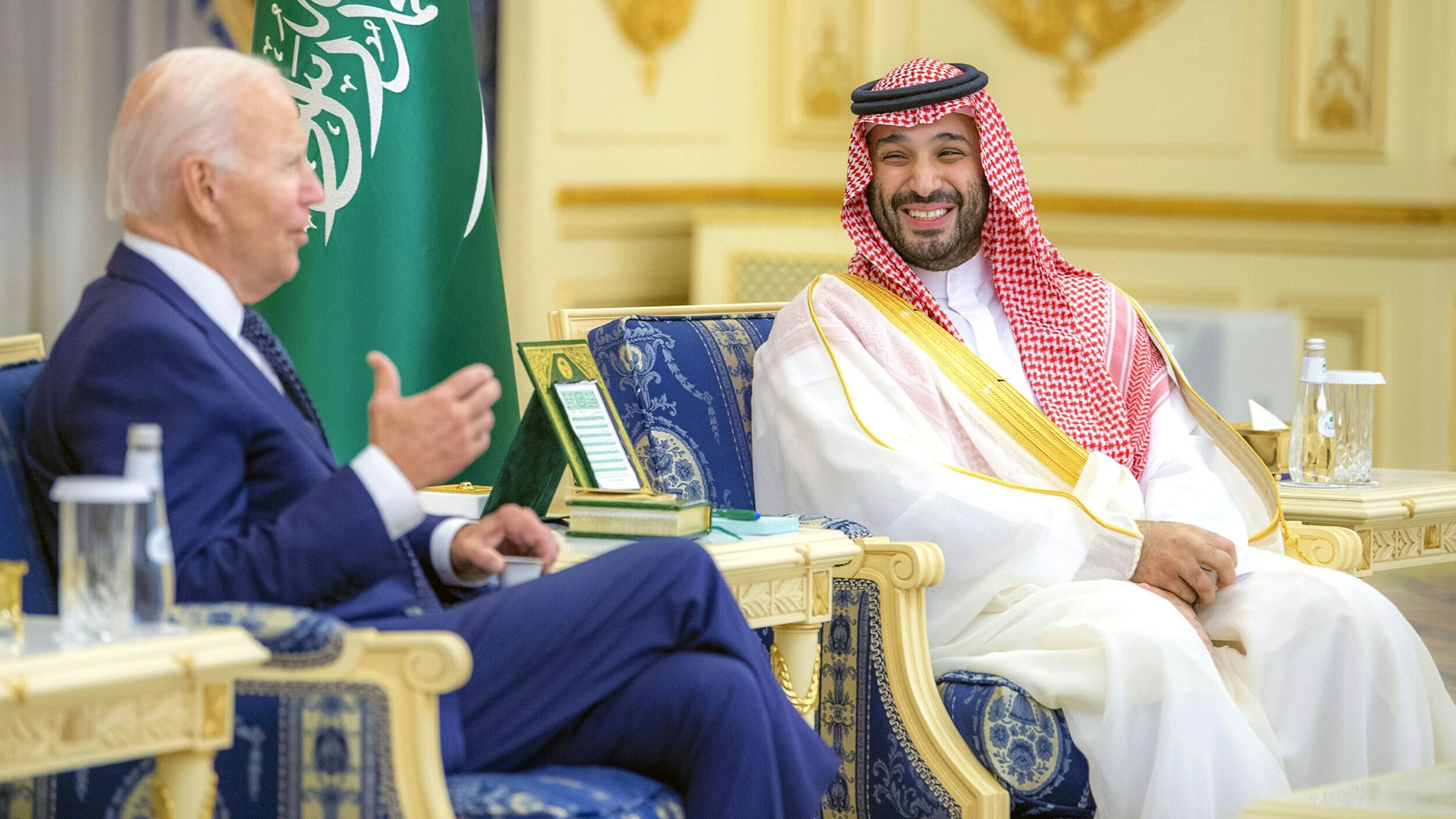 JEDDAH, SAUDI ARABIA - JULY 15: (----EDITORIAL USE ONLY â MANDATORY CREDIT - "ROYAL COURT OF SAUDI ARABIA / HANDOUT" - NO MARKETING NO ADVERTISING CAMPAIGNS - DISTRIBUTED AS A SERVICE TO CLIENTS----) US President Joe Biden (L) meets Saudi Arabian Crown Prince Mohammed bin Salman (R) at Alsalam Royal Palace in Jeddah, Saudi Arabia on July 15, 2022.