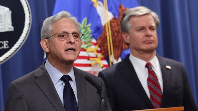 WASHINGTON, DC - OCTOBER 24: U.S. Attorney General Merrick Garland (L) and F.B.I. Director Christopher Wray hold a press conference at the U.S. Department of Justice on on October 24, 2022 in Washington, DC. The Justice Department announced it has charged 13 individuals, including members of the Chinese intelligence and their agents, for alleged efforts to unlawfully exert influence in the United States for the benefit of the government of China. (Photo by Kevin Dietsch/Getty Images)
