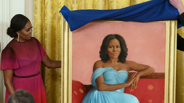 Former US First Lady Michelle Obama participates in a ceremony to unveil her official White House portrait, in the East Room of the White House in Washington, DC, on September 7, 2022.