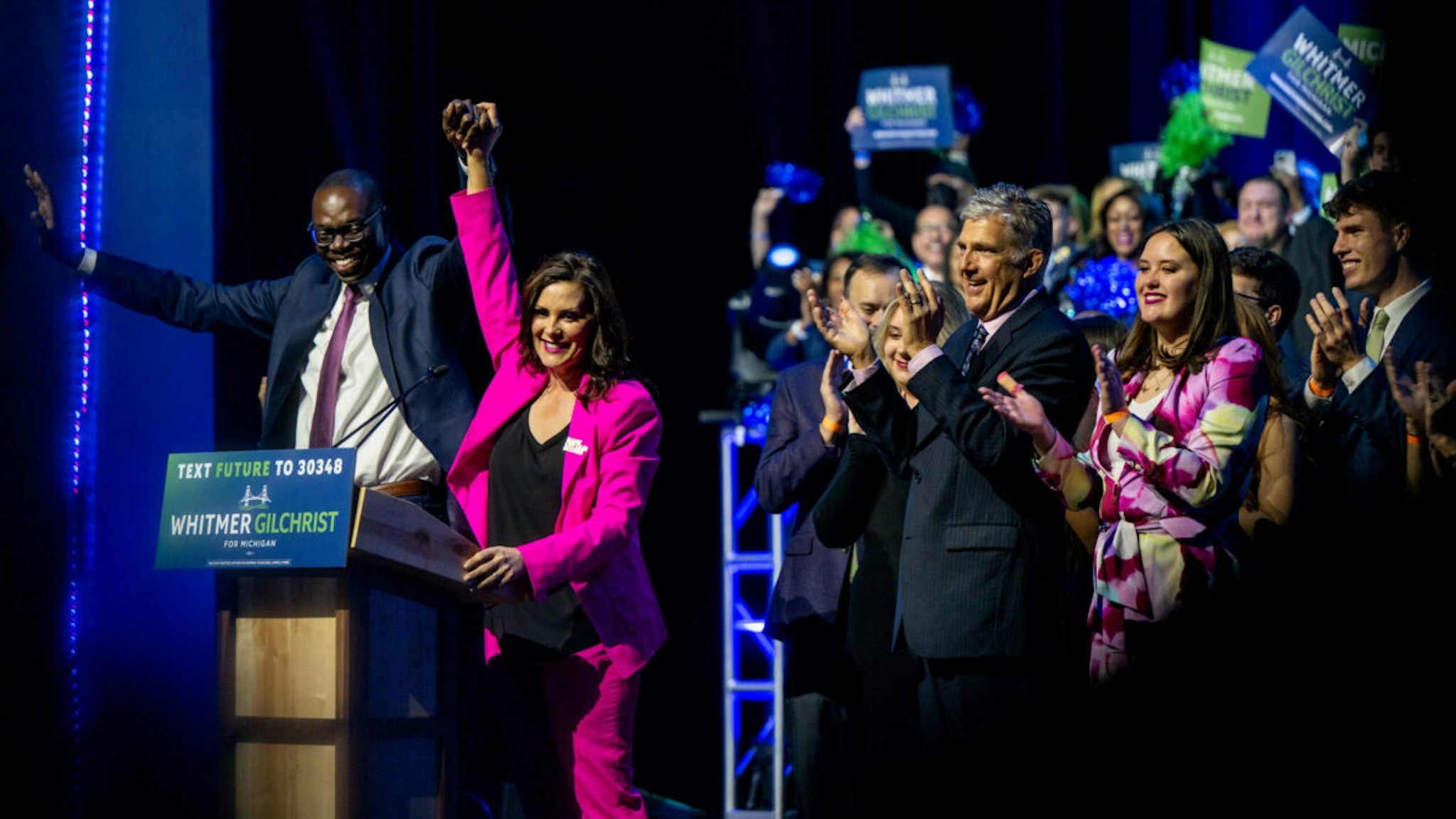 Lt. Gov. Garlin Gilchrist II and Gov. Gretchen Whitmer celebrate during an election night watch party at MotorCity Casino Hotel on November 09, 2022 in Detroit, Michigan. Gov. Whitmer won her race over Republican challenger Tudor Dixon