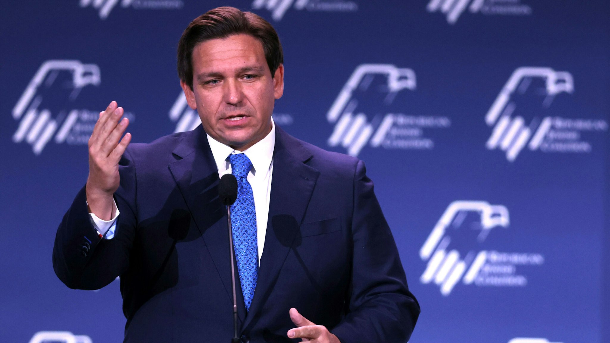 LAS VEGAS, NEVADA - NOVEMBER 18: Florida Governor Ron DeSantis speaks to guests at the Republican Jewish Coalition Annual Leadership Meeting on November 19, 2022 in Las Vegas, Nevada. The meeting comes on the heels of former President Donald Trump becoming the first candidate to declare his intention to seek the GOP nomination in the 2024 presidential race.