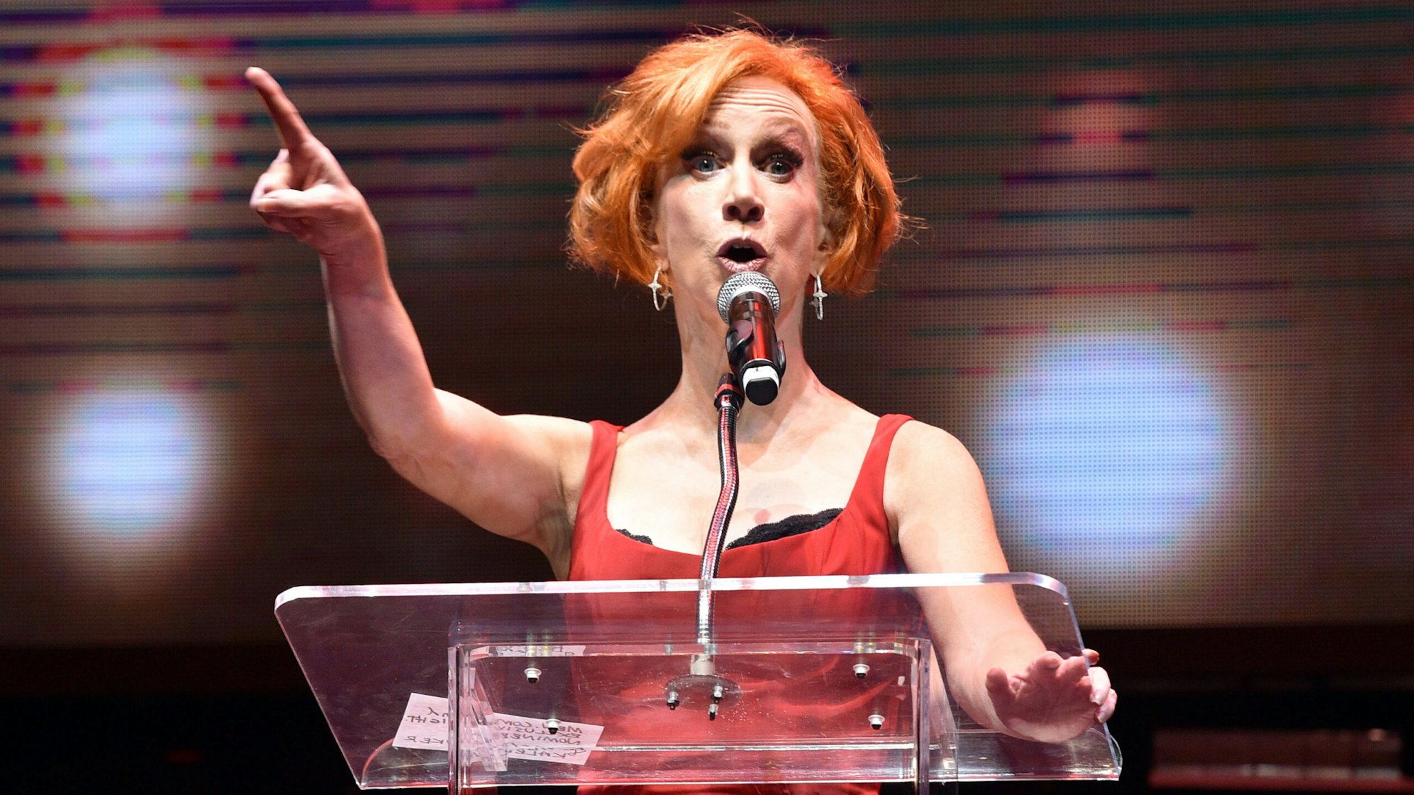 LOS ANGELES, CALIFORNIA - JANUARY 12: Kathy Griffin speaks onstage at Gay Porn's Biggest Night - Str8UpGayPorn Awards, Hosted By Kathy Griffin at Avalon Theater on January 12, 2020 in Los Angeles, California.
