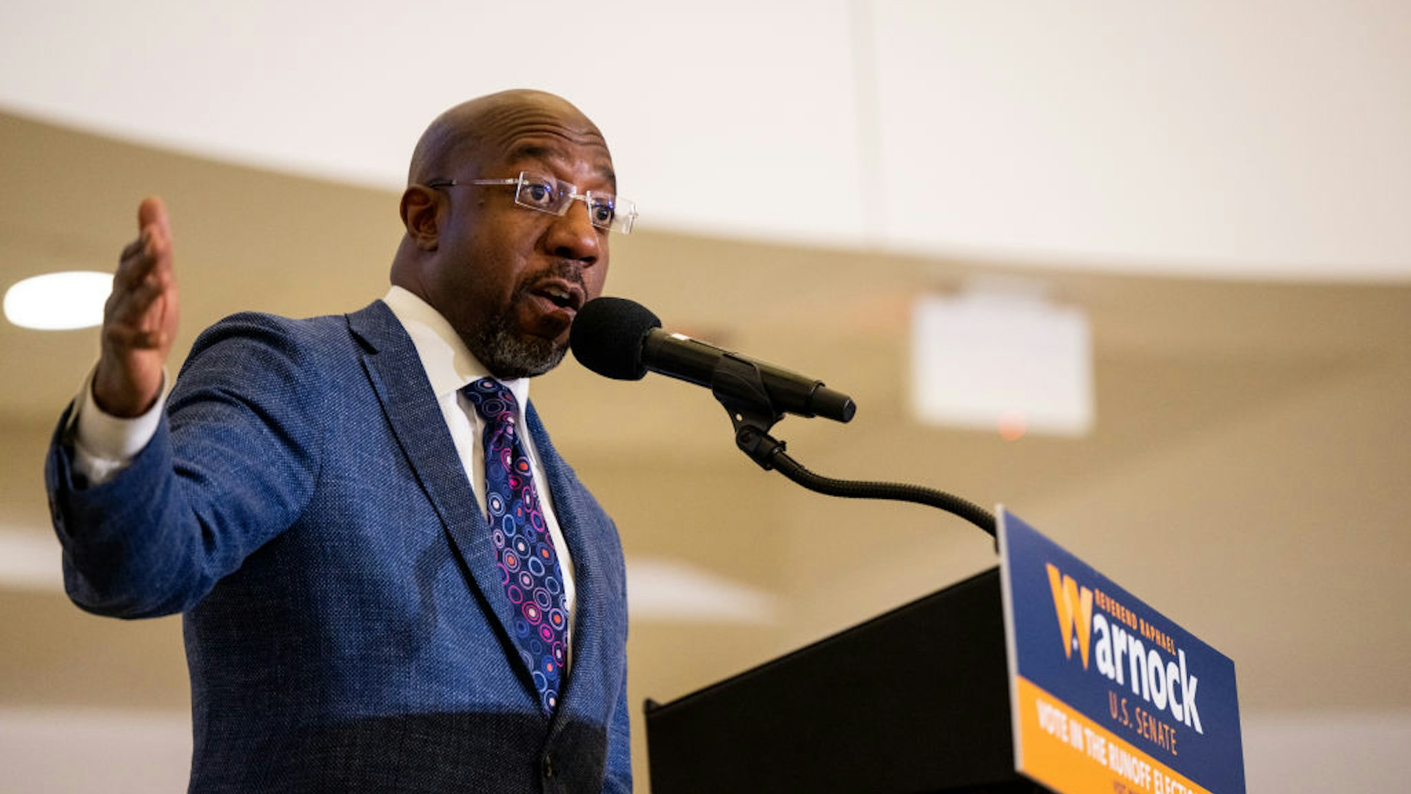 MACON, GEORGIA - NOVEMBER 17: U.S. Sen. Raphael Warnock (D-GA) speaks at a campaign rally at the Tubman Museum on November 17, 2022 in Macon, Georgia. Warnock faces Republican challenger Herschel Walker in a runoff election December 6. (Photo by Brandon Bell/Getty Images)