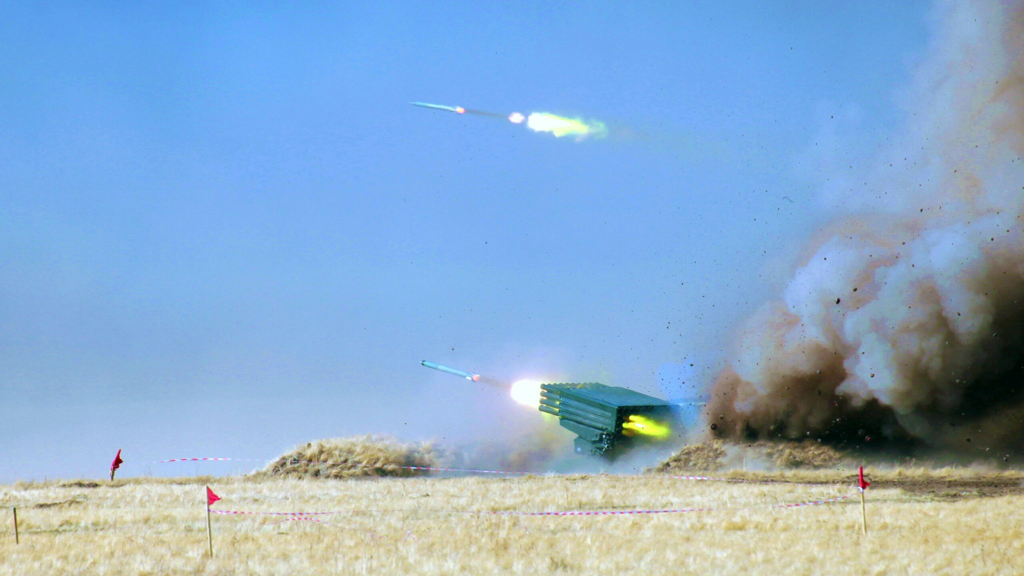ORENBURG, RUSSIA - SEPTEMBER 23: A multiple rocket launcher fires during the 'Peace Mission 2021' joint counterterrorism military exercise on September 23, 2021 in Orenburg, Russia.