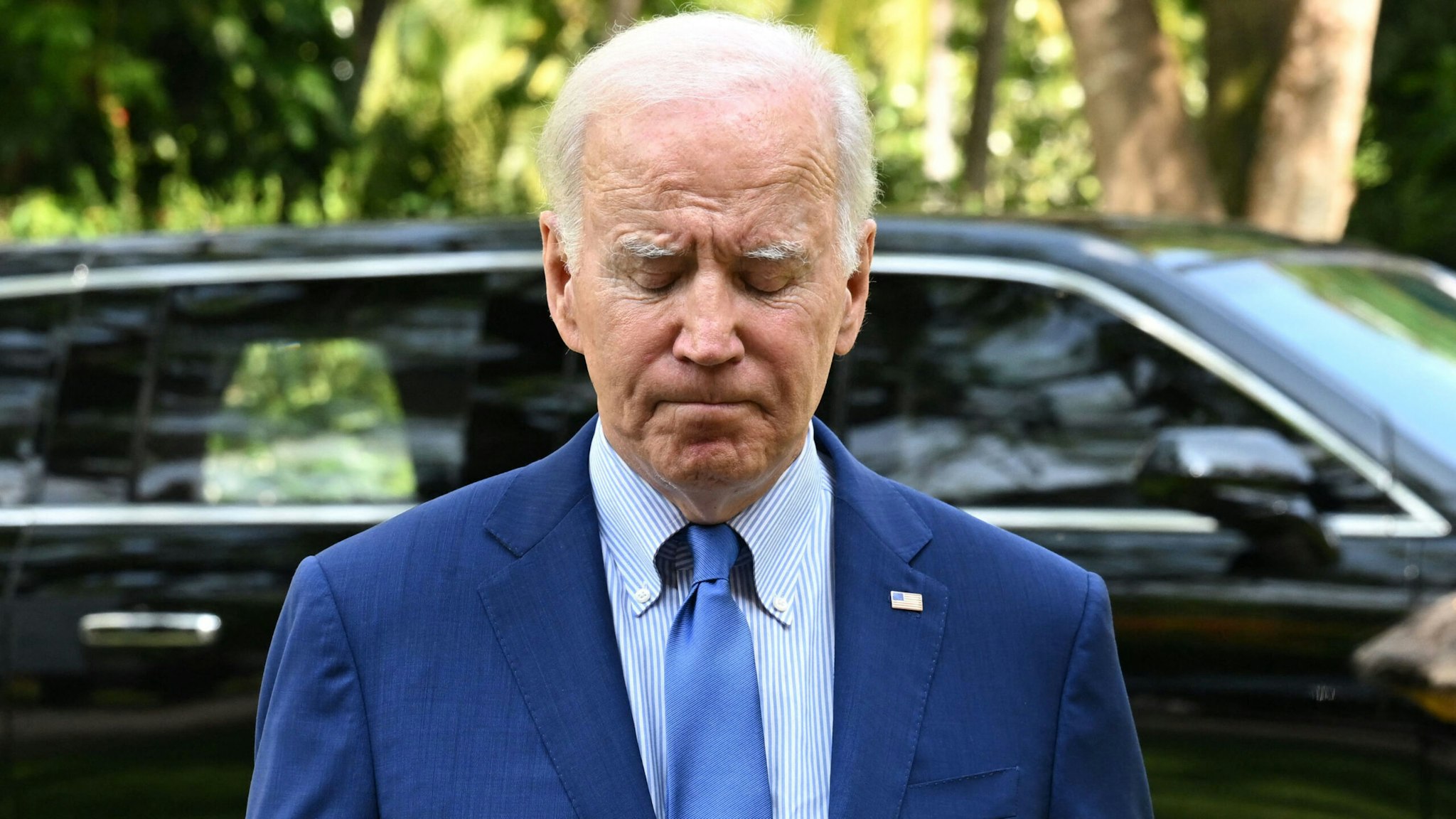 TOPSHOT - US President Joe Biden speaks about the situation in Poland following a meeting with G7 and European leaders on the sidelines of the G20 Summit in Nusa Dua on the Indonesian resort island of Bali on November 16, 2022.
