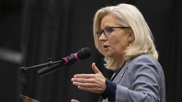 Representative Liz Cheney, a Republican from Wyoming, speaks during a campaign rally for Representative Elissa Slotkin, a Democrat from Michigan, not pictured, in Lansing, Michigan, US, on Tuesday, Nov. 1, 2022.