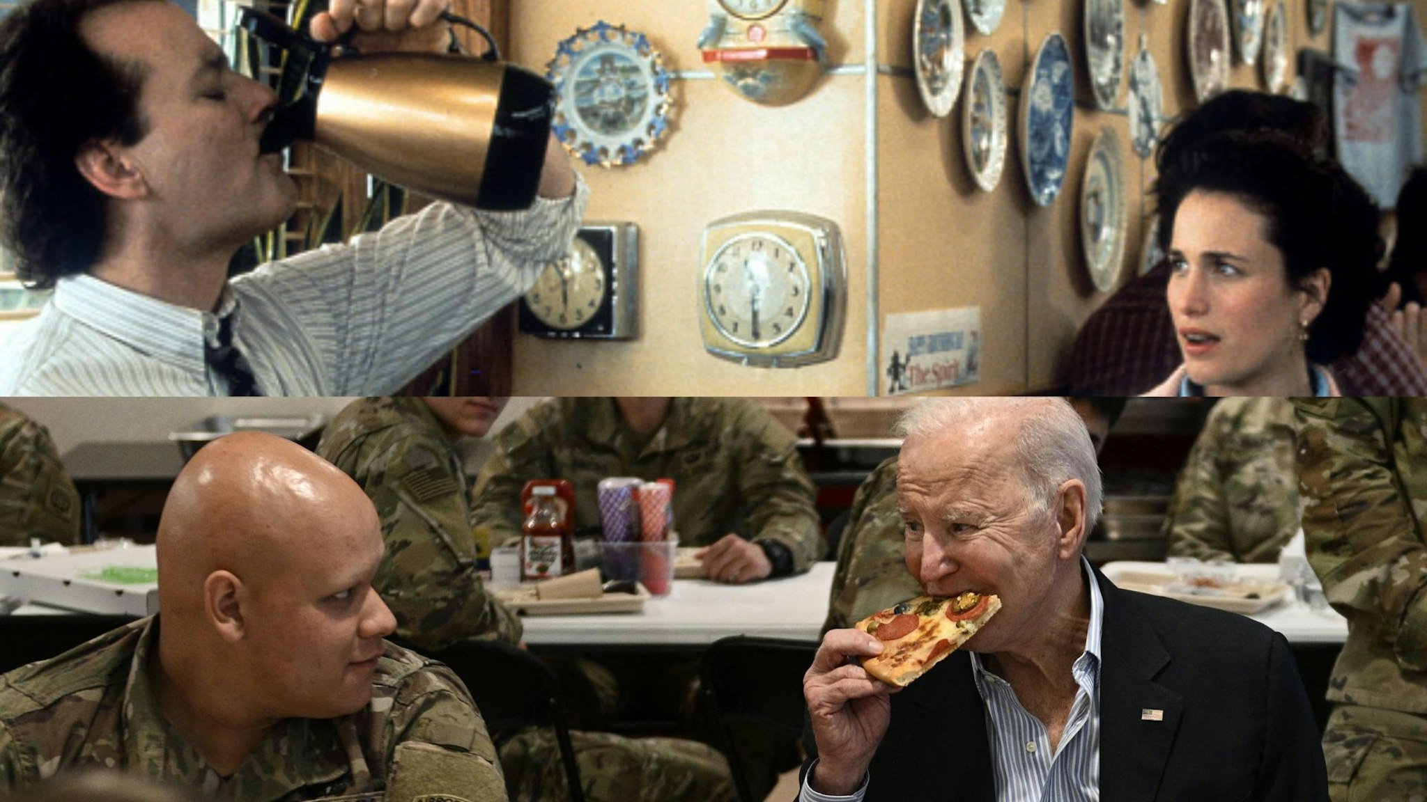 Bill Murray and Andie MacDowell in a scene from the film 'Groundhog Day', directed by Harold Ramis, 1993. US President Joe Biden (C) eats a pizza as he meets with service members from the 82nd Airborne Division, who are contributing alongside Polish Allies to deterrence on the Alliances Eastern Flank, in the city of Rzeszow in southeastern Poland, around 100 kilometres (62 miles) from the border with Ukraine, on March 25, 2022.