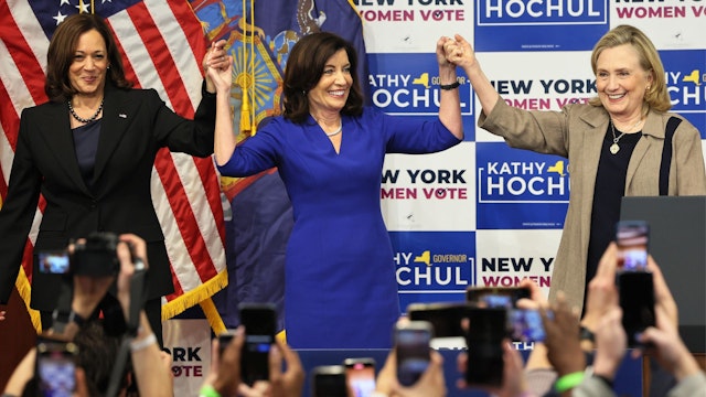 NEW YORK, NEW YORK - NOVEMBER 03: Vice President Kamala Harris, Gov. Kathy Hochul and Secretary Hillary Rodham Clinton hold up their hands at the conclusion of a New York Women “Get Out The Vote” rally at Barnard College on November 03, 2022 in New York City. Vice President Kamala Harris and Secretary Hillary Rodham Clinton joined Gov. Kathy Hochul and Attorney General Letitia James as they campaigned at a New York Women GOTV rally with the midterm elections under a week away. Hochul holds a slim lead in the polls against Republican candidate Rep. Lee Zeldin. AG James is favored to beat Republican candidate for Attorney General Michael Henry.