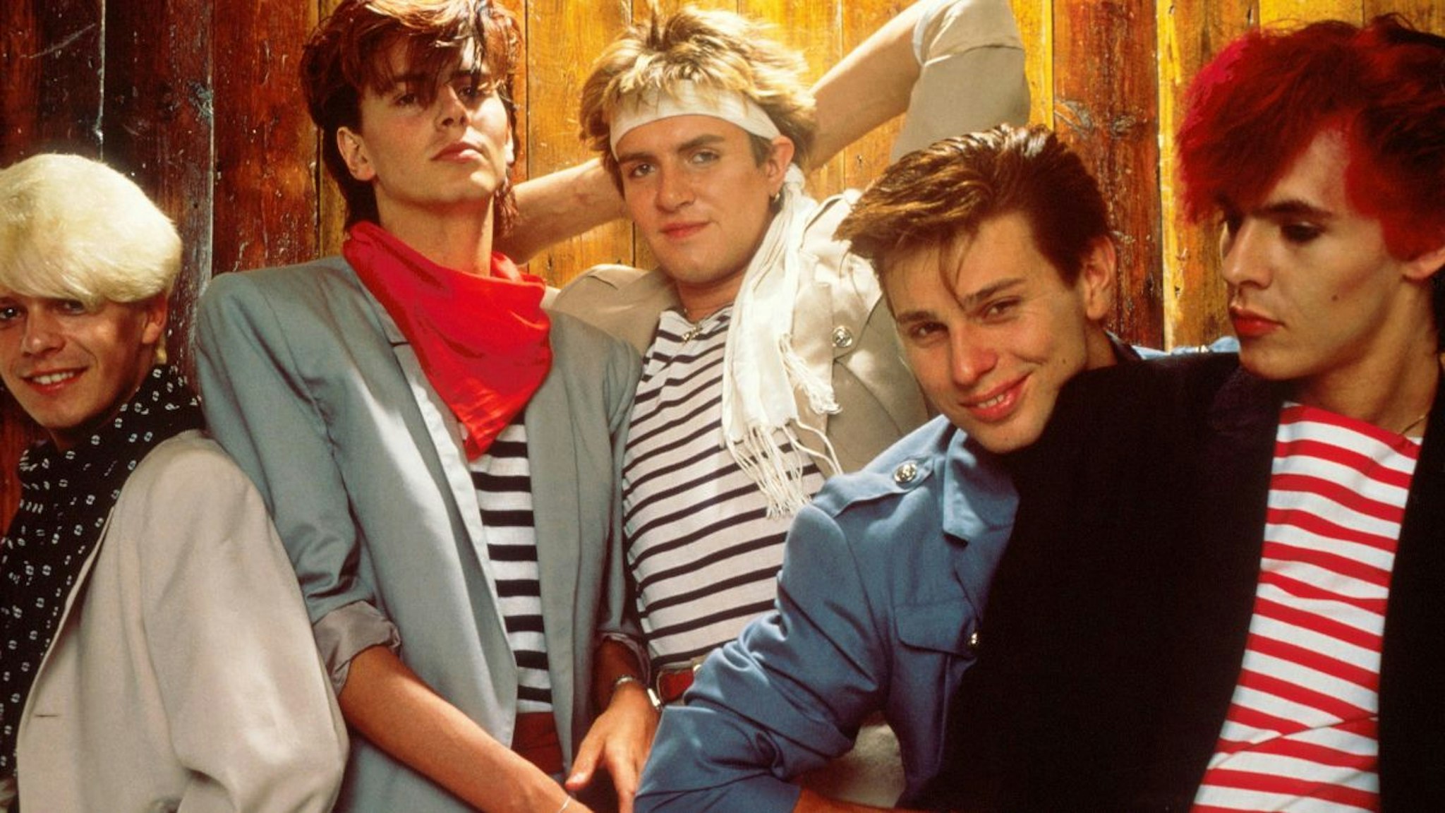 Group Portrait of British band Duran Duran in London, England in 1981. Left to right guitarist Andy Taylor, bassist John Taylor, singer Simon Le Bon, drummer Roger Taylor and keyboard player Nick Rhodes.
