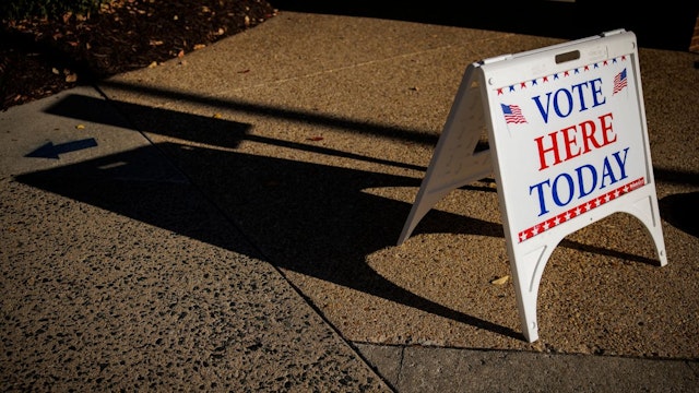 A Vote Here Today sign sits outside of an early voting location at the Stafford County Government Center on November 3, 2022 in Stafford, Virginia.