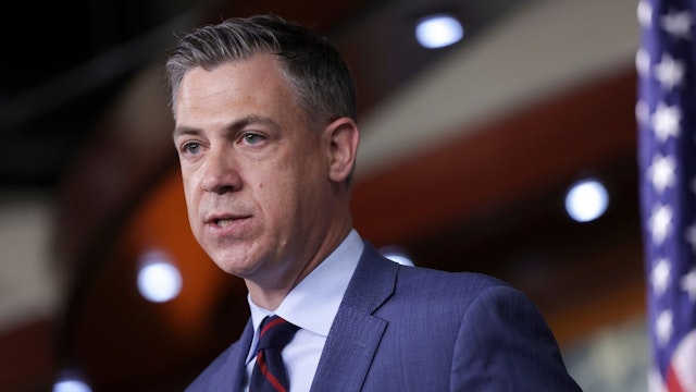 U.S. Rep. Jim Banks (R-IN) speaks at a press conference following a Republican caucus meeting at the U.S. Capitol on June 08, 2022 in Washington, DC.