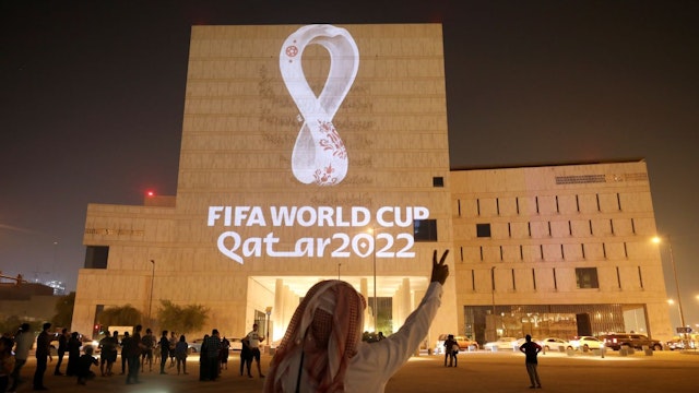 The Official Emblem of the FIFA World Cup Qatar 2022™️ is unveiled in Doha's Souq Waqif on the Msheireb - Qatar National Archive Museum building on September 03, 2019 in Doha, Qatar.