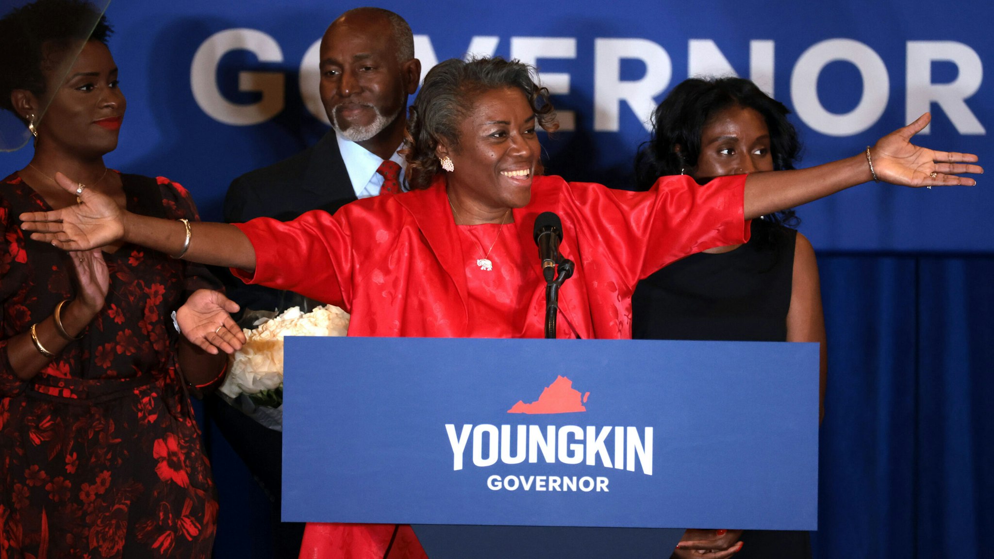 CHANTILLY, VIRGINIA - NOVEMBER 02: Virginia Republican candidate for lieutenant governor Winsome Sears takes the stage with her family during an election night rally at the Westfields Marriott Washington Dulles on November 02, 2021 in Chantilly, Virginia. Virginians went to the polls Tuesday to vote in the gubernatorial race that pitted Republican gubernatorial candidate Glenn Youngkin against Democratic gubernatorial candidate, former Virginia Gov. Terry McAuliffe.
