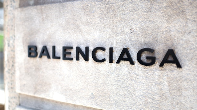 Close-up of signage for the Balenciaga upscale shoe boutique on Madison Avenue on the Upper East Side of Manhattan, New York City, New York, September 15, 2017.