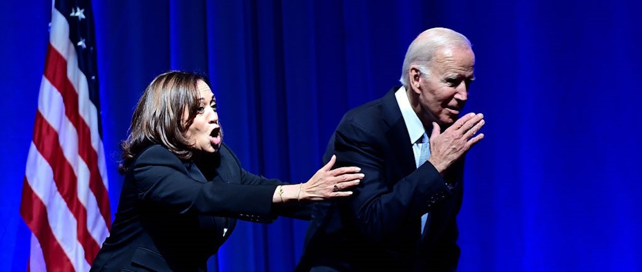 PHILADELPHIA, PA - OCTOBER 28: US President Joe Biden and US Vice President Kamala Harris react while greeting supporters during the Democratic Party's Independence Dinner on October 28, 2022 in Philadelphia, Pennsylvania. Election Day will be held on November 8. (Photo by