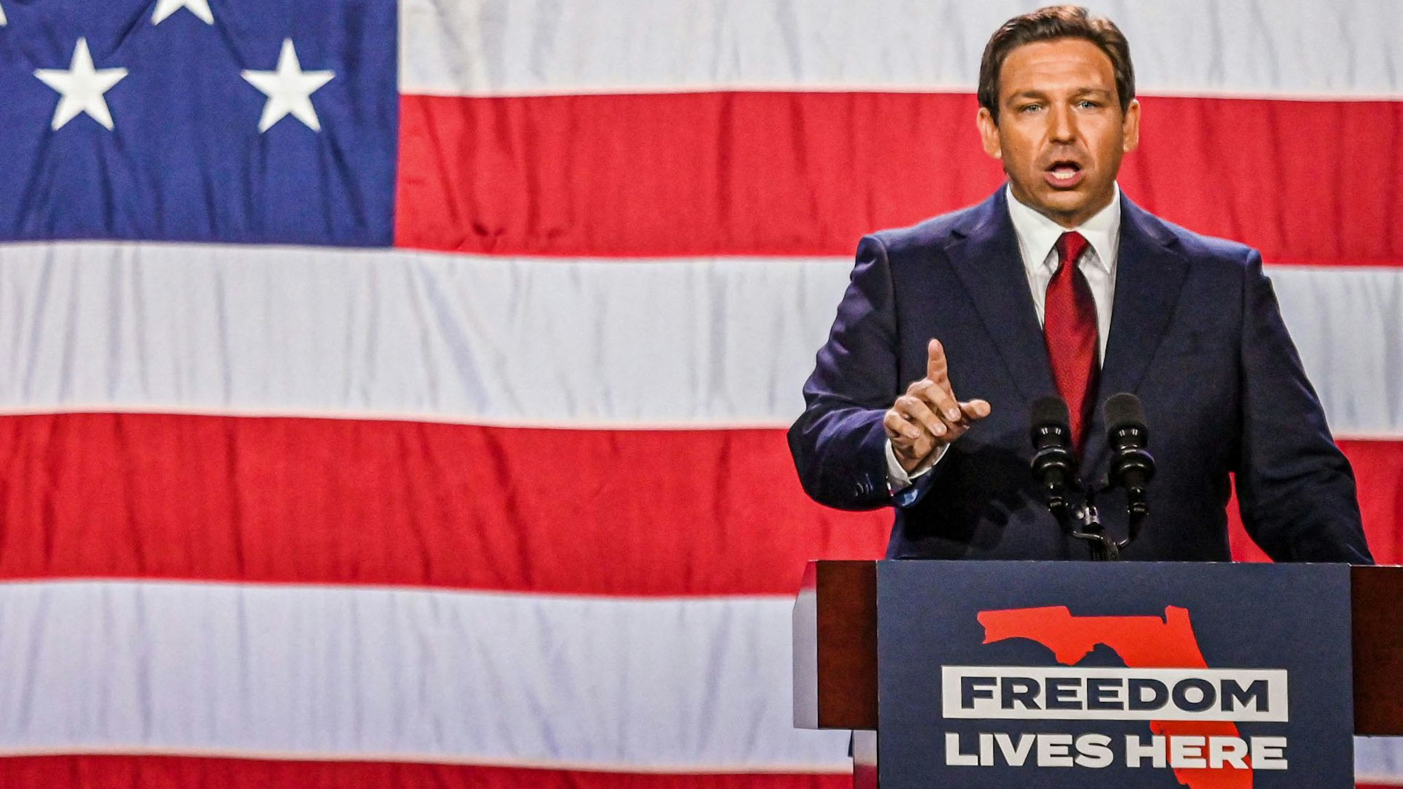 TOPSHOT - Republican gubernatorial candidate for Florida Ron DeSantis speaks during an election night watch party at the Convention Center in Tampa, Florida, on November 8, 2022. - Florida Governor Ron DeSantis, who has been tipped as a possible 2024 presidential candidate, was projected as one of the early winners of the night in Tuesday's midterm election.