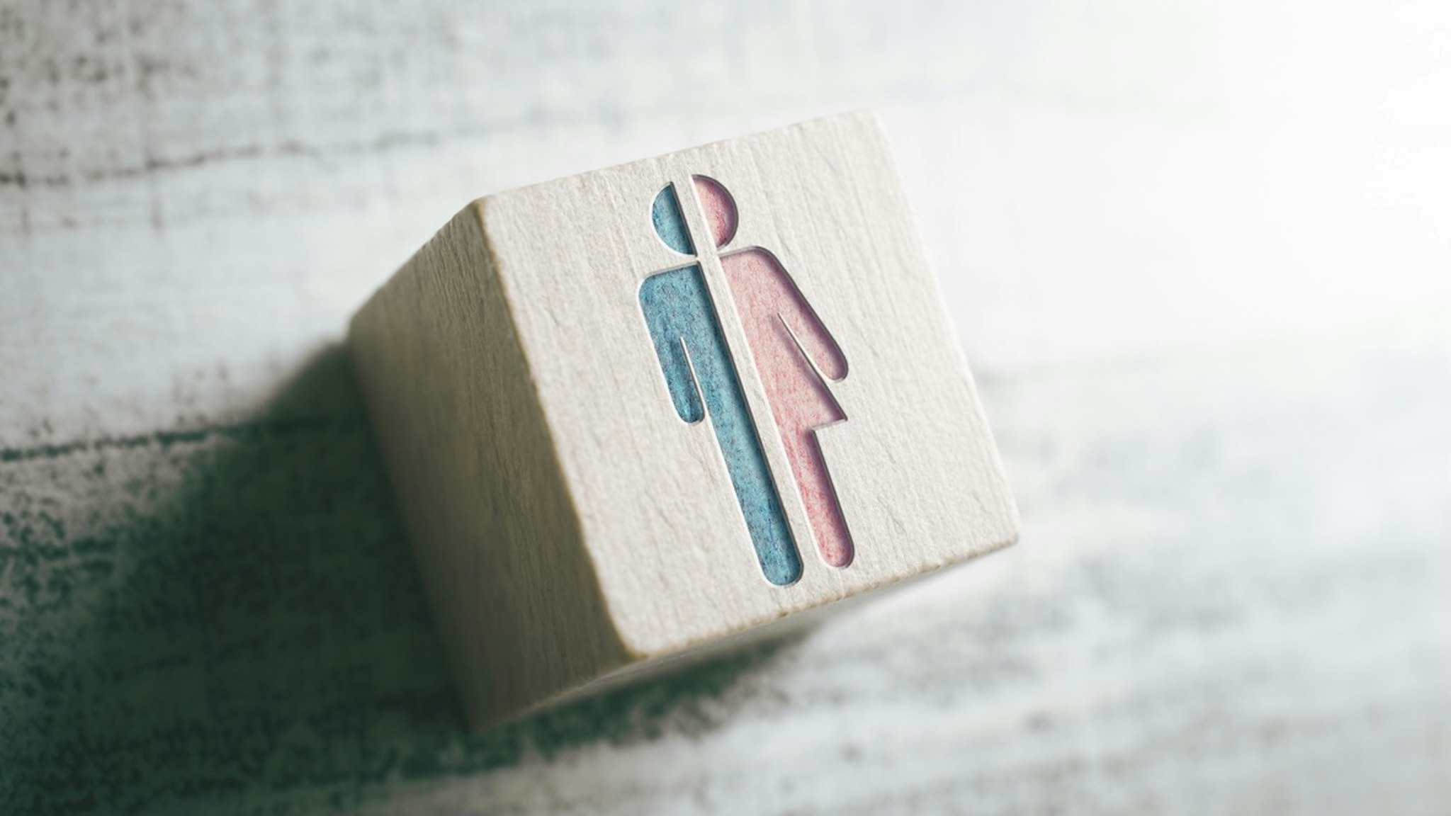 Gender Signs For Male And Female Cut In Half On A Wooden Block On A Table - stock photo Gender Icons For Male And Female Cut In Half On Wooden Block On A Table Devenorr via Getty Images