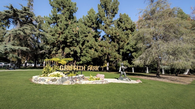 Griffith Park sign and bear statue - Los Angeles, California, USA - stock photo LOS ANGELES, USA - January 07, 2017: Griffith Park sign and bear statue - Los Angeles, California, USA diegograndi via Getty Images