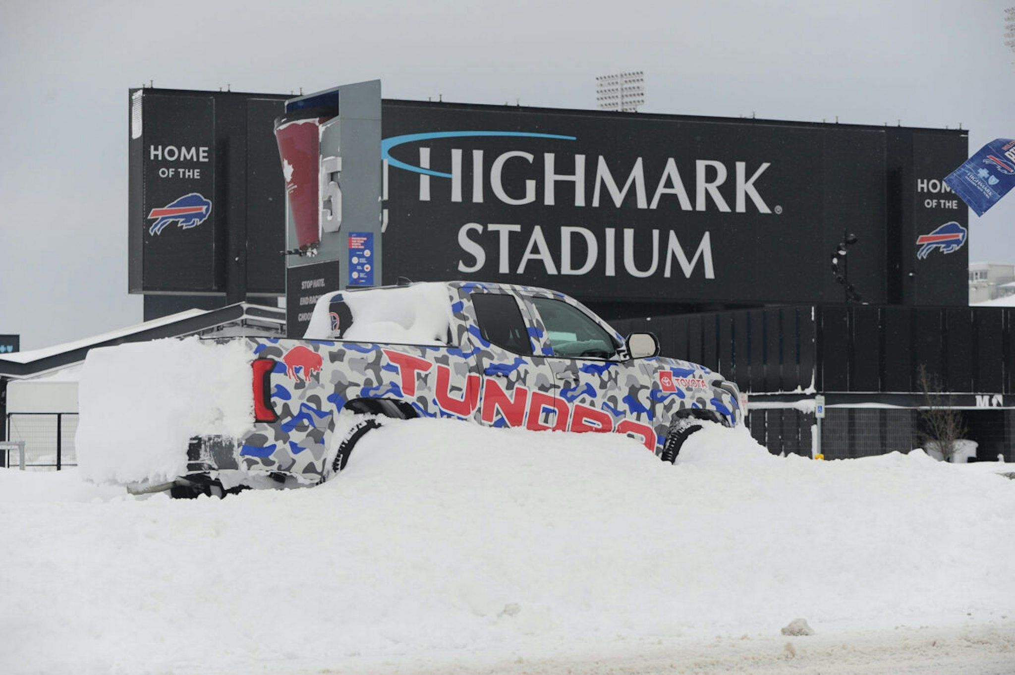 Highmark Stadium, home of the Buffalo Bills, is surrounded by snow as seen from Abbott Road on December 26, 2022 in Orchard Park, New York