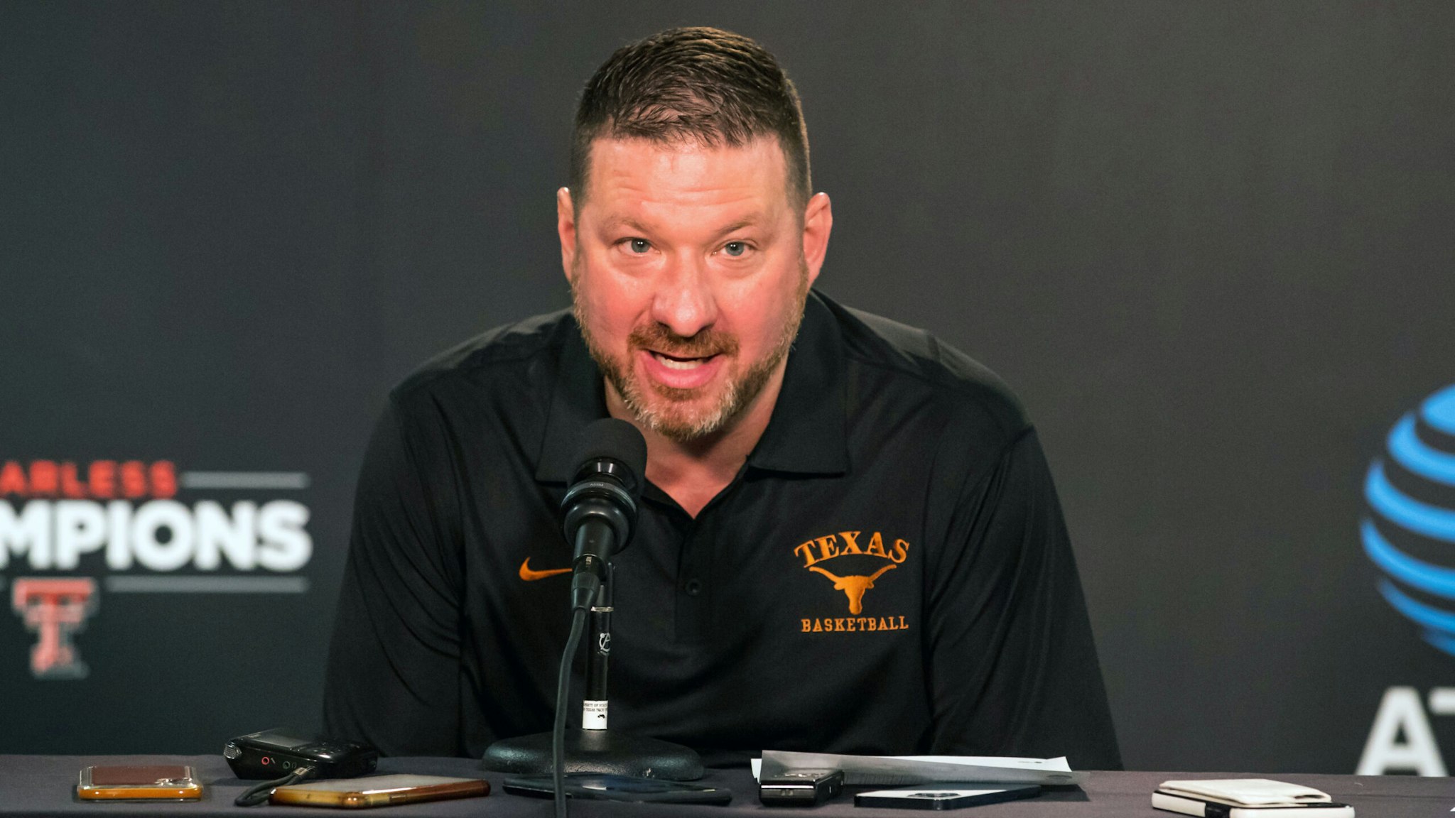 LUBBOCK, TEXAS - FEBRUARY 01: Head coach Chris Beard of the Texas Longhorns addresses the media after the college basketball game against the Texas Tech Red Raiders at United Supermarkets Arena on February 01, 2022 in Lubbock, Texas.