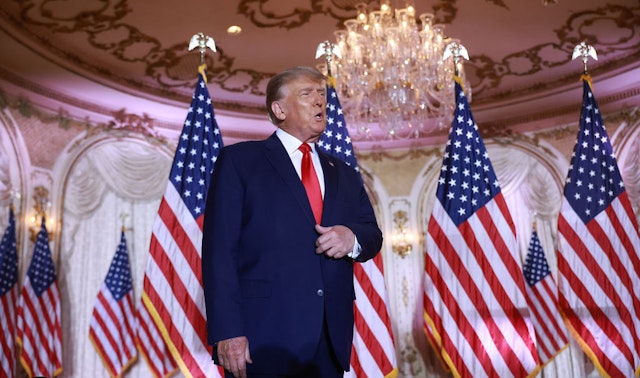 PALM BEACH, FLORIDA - NOVEMBER 15: Former U.S. President Donald Trump arrives on stage to speak during an event at his Mar-a-Lago home on November 15, 2022 in Palm Beach, Florida. Trump announced that he was seeking another term in office and officially launched his 2024 presidential campaign. (Photo by Joe Raedle/Getty Images)