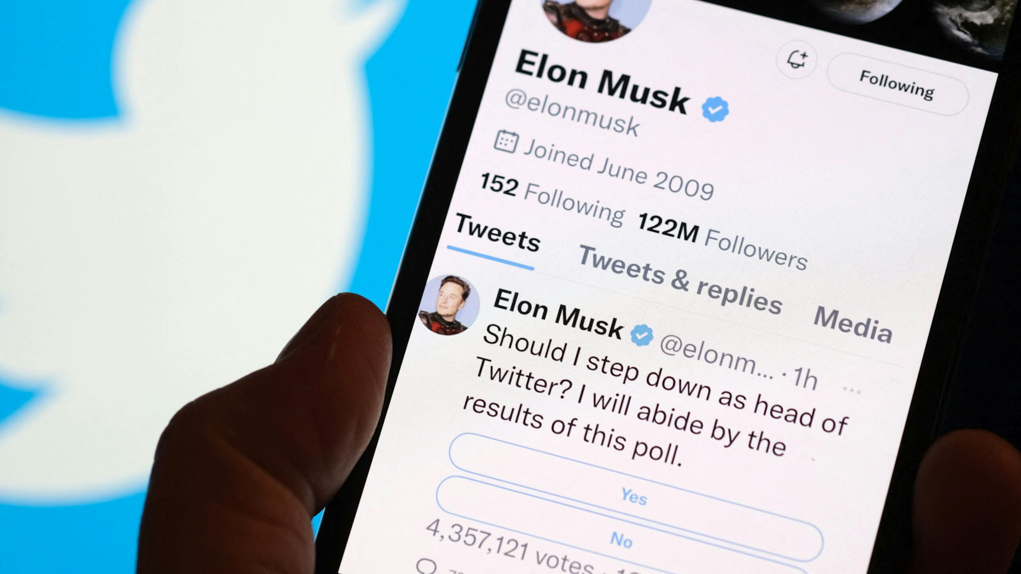 This photo illustration taken on December 18, 2022 in Los Angeles shows a phone displaying Elon Musk's Twitter page where he is conducting a survey about his future as the head of the company. - Twitter announced on December 18 it would no longer allow users to promote their accounts on several rival social media platforms including Facebook and Instagram, but the site's mercurial owner Elon Musk appeared to backtrack on the new policy just hours later.