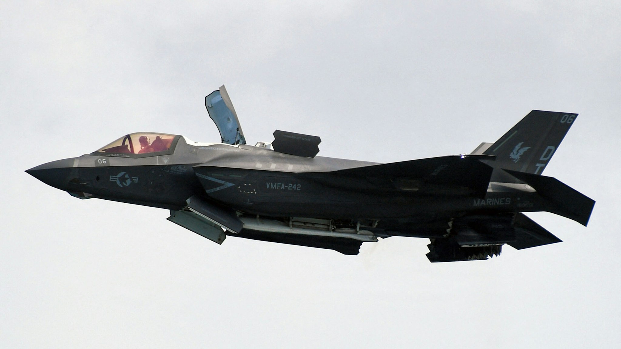 A US Marine Corps F-35B Lightning II, a short takeoff and vertical landing (STOVL) version of the Joint Strike Fighter aircraft, flies past during a preview of the Singapore Airshow in Singapore on February 13, 2022.