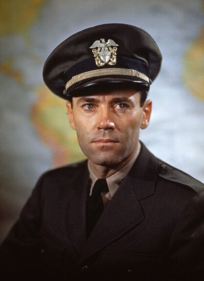 Lt. Henry Fonda (1905 - 1982) during his military service on board the USS Bearss, summer 1945. (Photo by PhotoQuest/Getty Images)