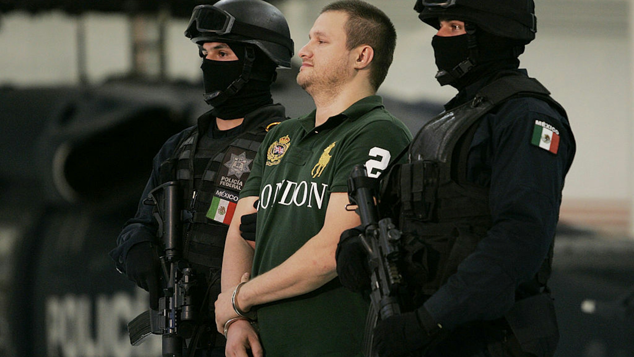 Edgar "La Barbie" Valdez Villarreal is shown to the press during a news conference at the federal police center August 31, 2010 in Mexico City, Mexico.