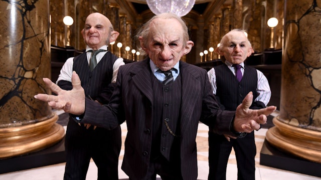 WATFORD, ENGLAND - MARCH 19: Goblins in the original Gringotts Wizarding Bank set at Warner Bros. Studio Tour London on March 19, 2019 in Watford, England. Warner Bros. Studio Tour London – The Making of Harry Potter unveils its biggest expansion to date, the original Gringotts Wizarding Bank will be open to the public from Saturday 6th April. (Photo by