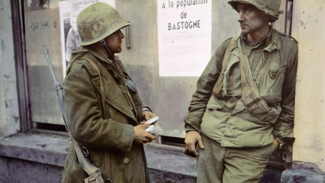 Two Infantrymen, Bastogne, Belgium, Ardennes-Alsace Campaign, Battle of the Bulge, December 1944. (Photo by: History Archive/Universal Images Group via Getty Images)