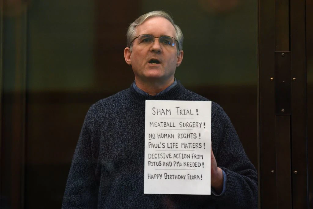 Paul Whelan, a former US marine accused of espionage and arrested in Russia in December 2018, stands inside a defendants' cage as he waits to hear his verdict in Moscow on June 15, 2020. (Photo by Kirill KUDRYAVTSEV / AFP) (Photo by KIRILL KUDRYAVTSEV/AFP via Getty Images)